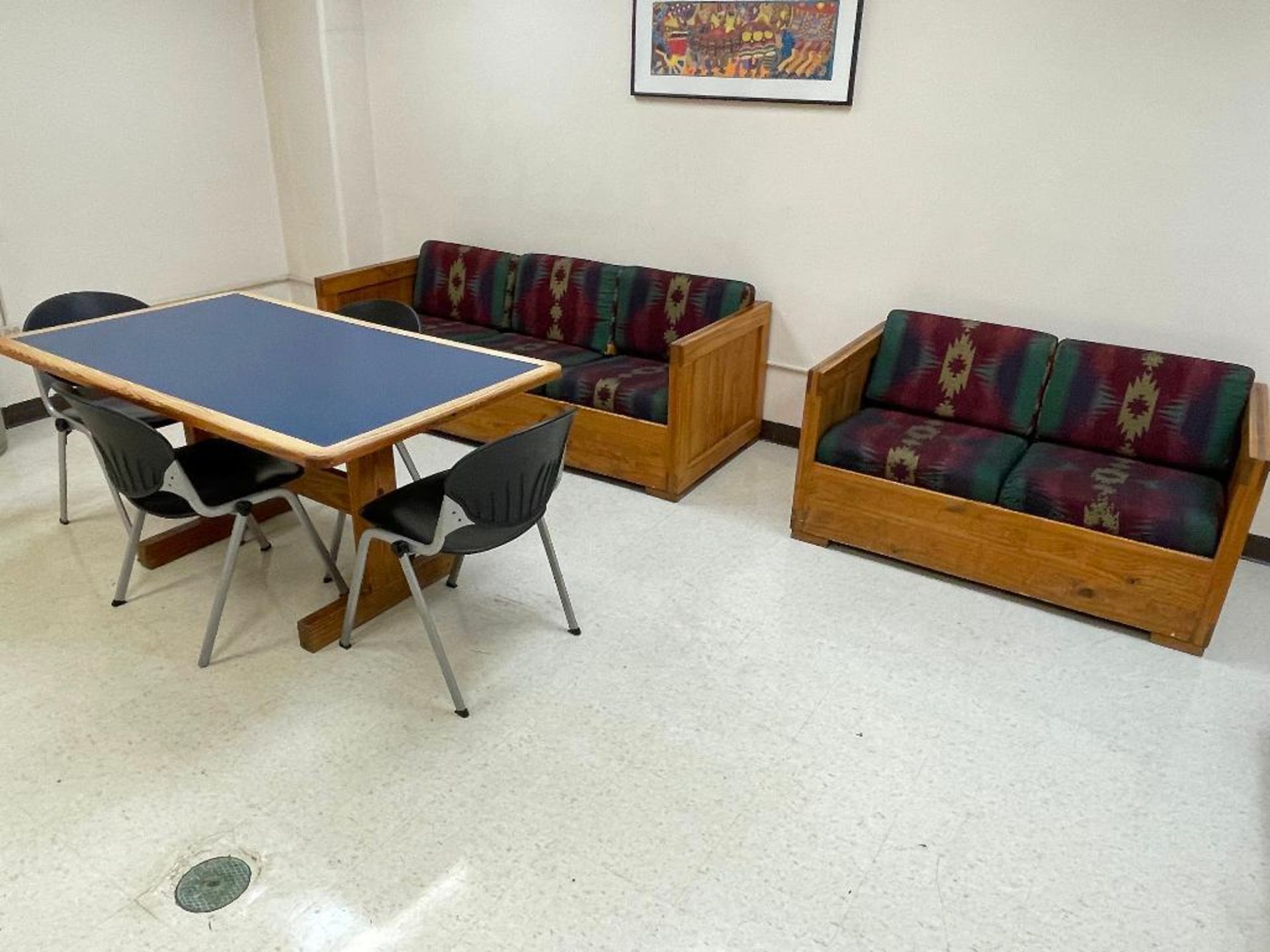 DESCRIPTION: REMAINING CONTENTS OF SNACK ROOM - (2) WOODEN COUCHES, (1) CHAIR, (1) TABLE, AND (2) ST