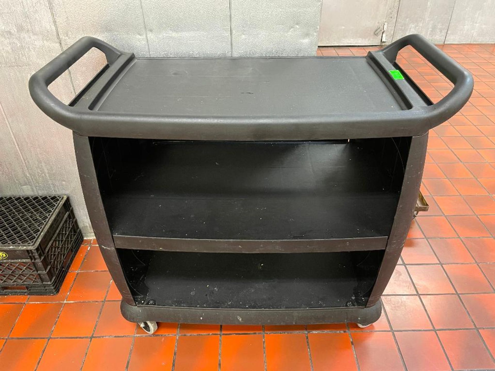 DESCRIPTION: THREE TIER PLASTIC UTILITY CART ( BLACK ) LOCATION: KITCHEN