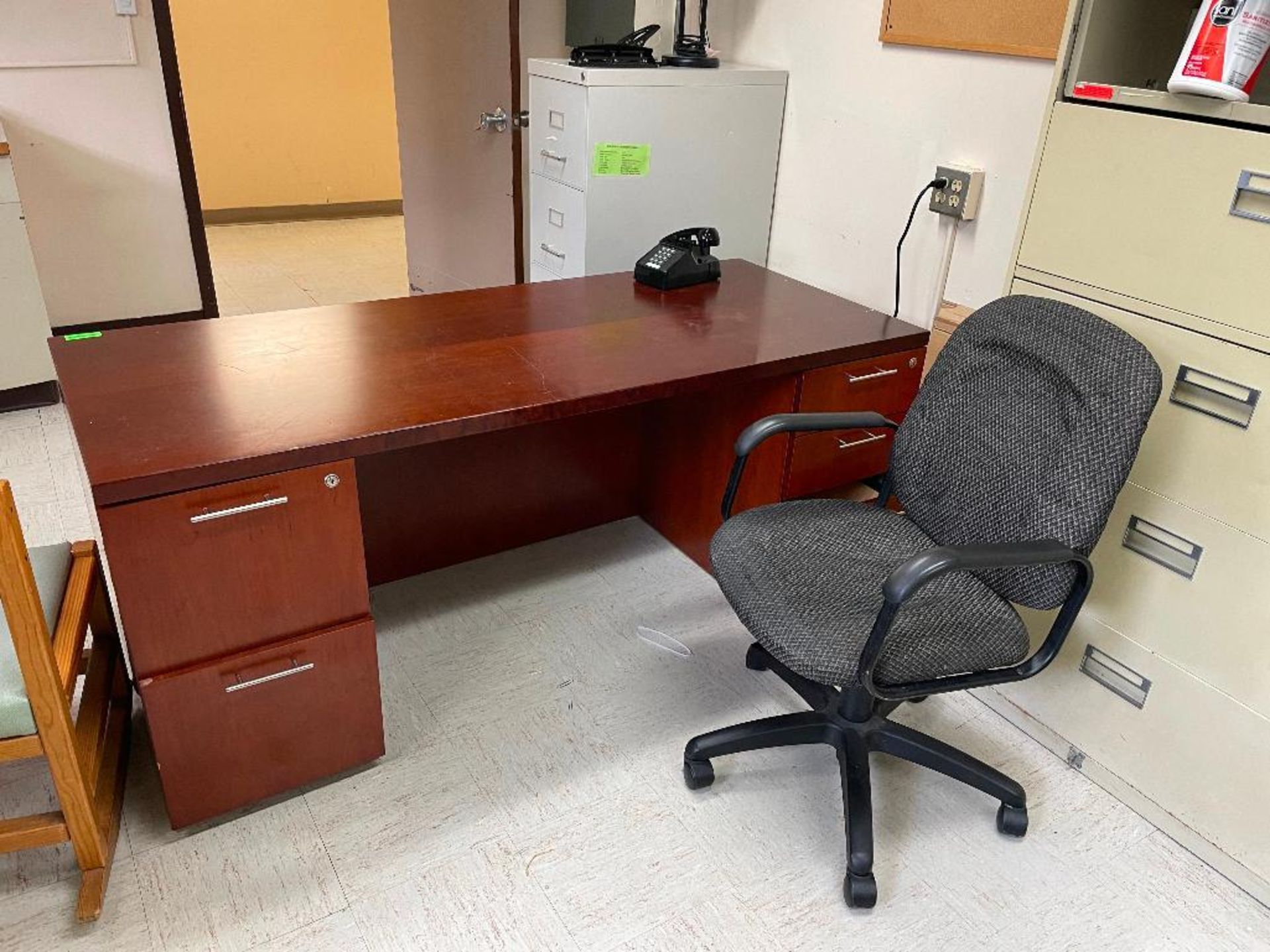 DESCRIPTION: CHERRY LAMINATE DESK, OFFICE CHAIR, AND FOUR DRAWER METAL FILE CABINET, ADDITIONAL INFO