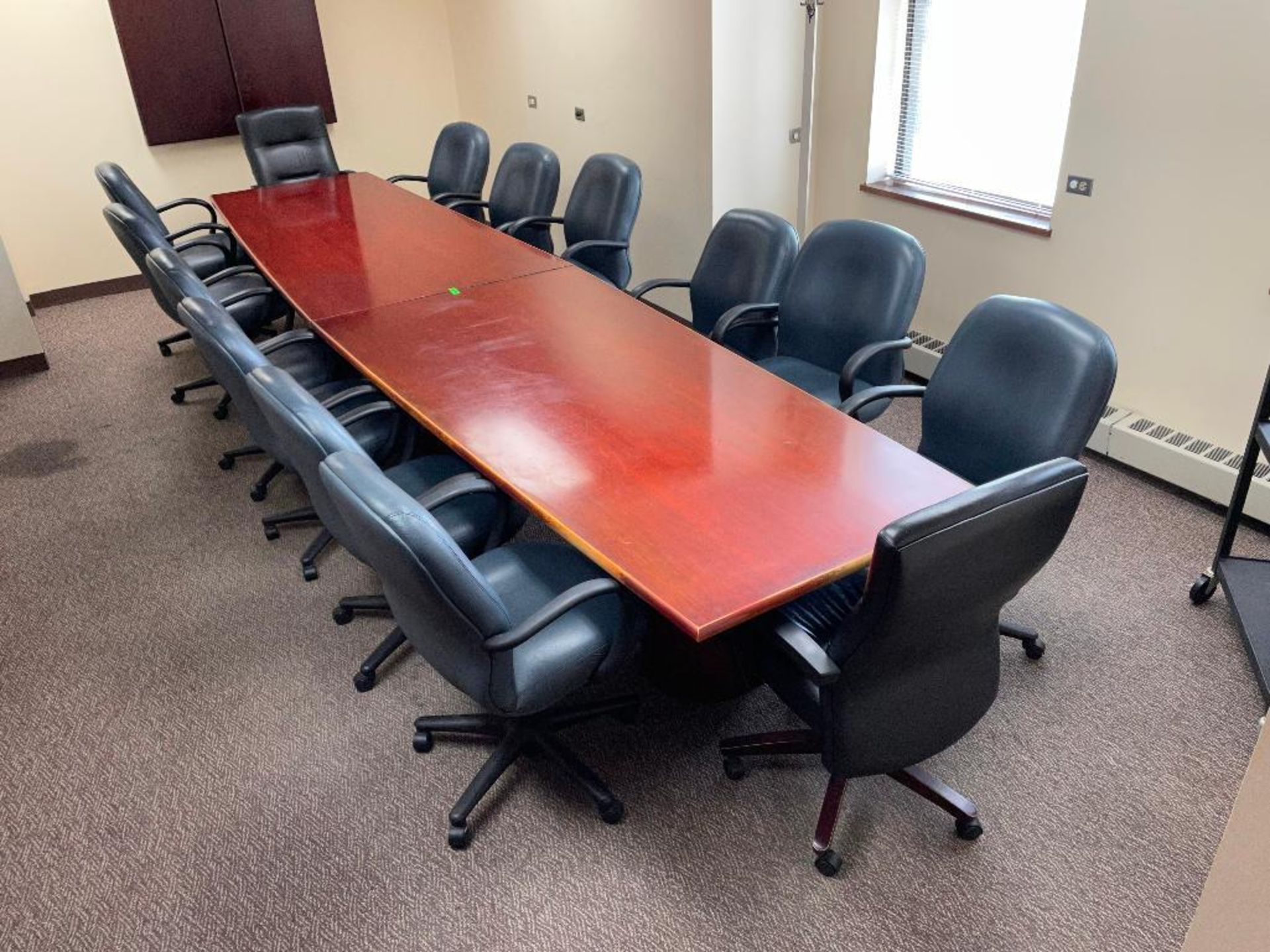 DESCRIPTION: 15 PC. COMPLETE CONFERENCE TABLE SET ADDITIONAL INFORMATION: TABLE AND 14 CHAIRS INCLUD - Image 3 of 6