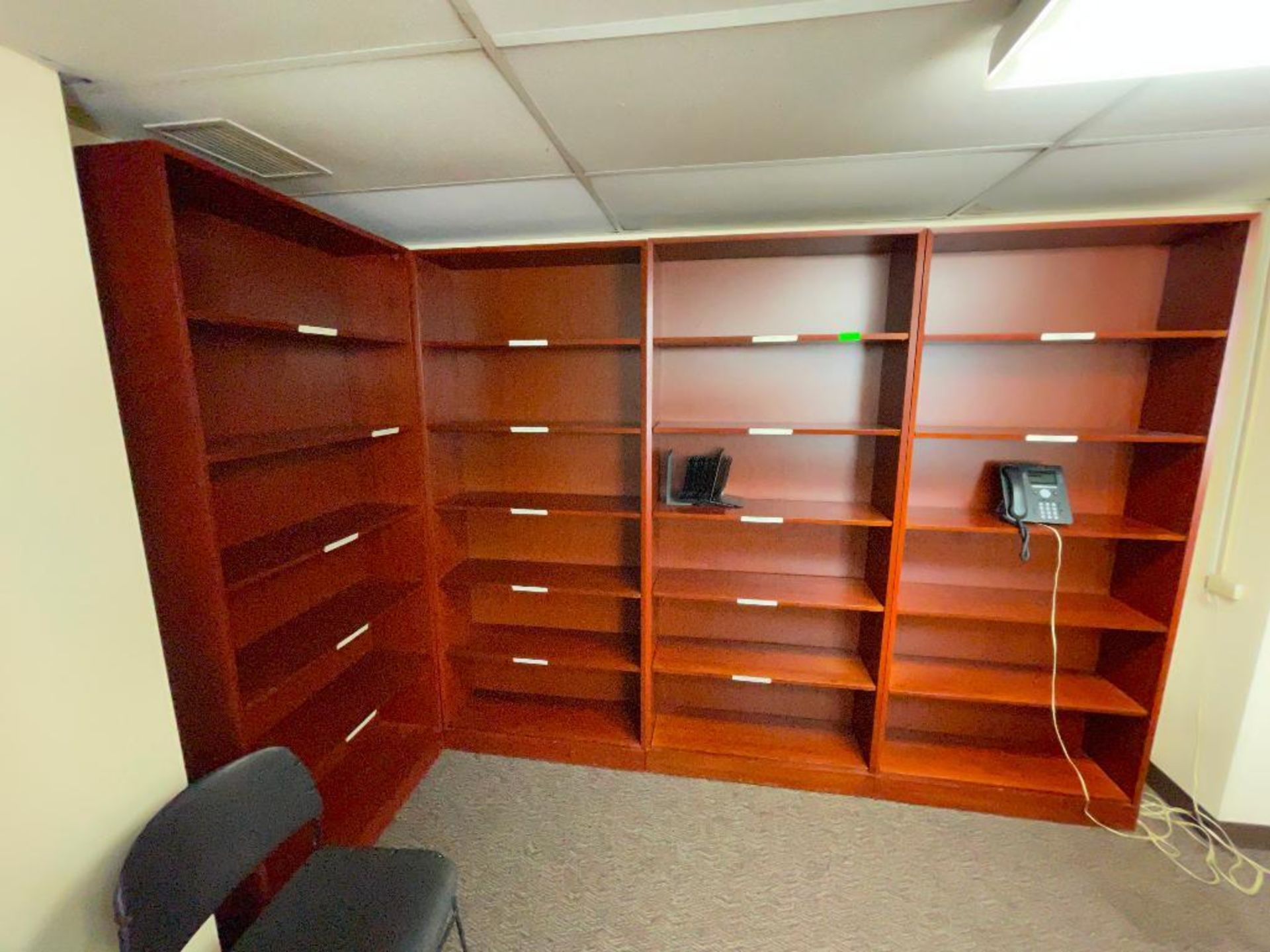 DESCRIPTION: (4) - 8 FT. BOOK SHELVES WITH ADDITIONAL MATCHING CABINETS ADDITIONAL INFORMATION: SEE - Image 9 of 10