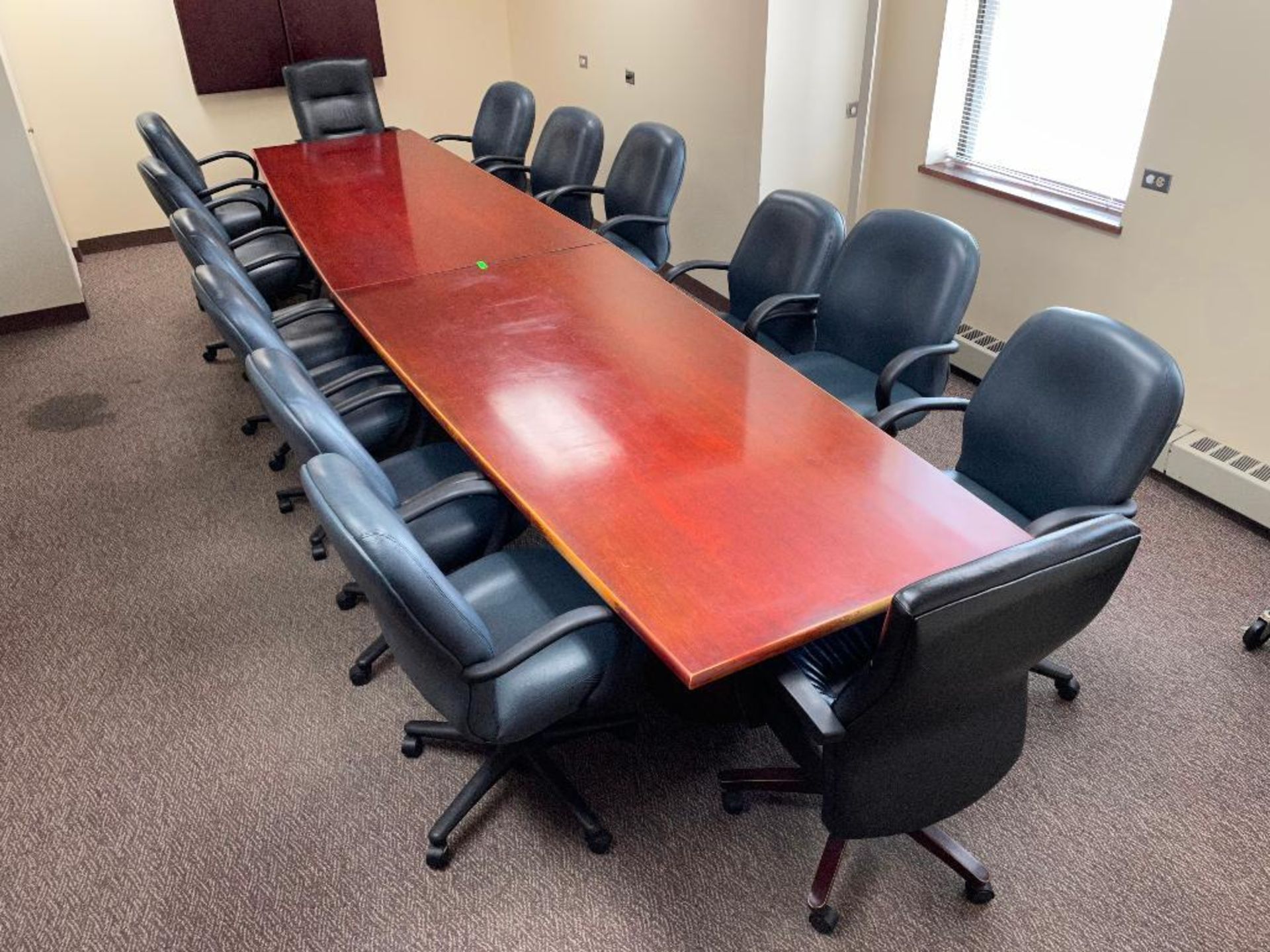 DESCRIPTION: 15 PC. COMPLETE CONFERENCE TABLE SET ADDITIONAL INFORMATION: TABLE AND 14 CHAIRS INCLUD - Image 2 of 6