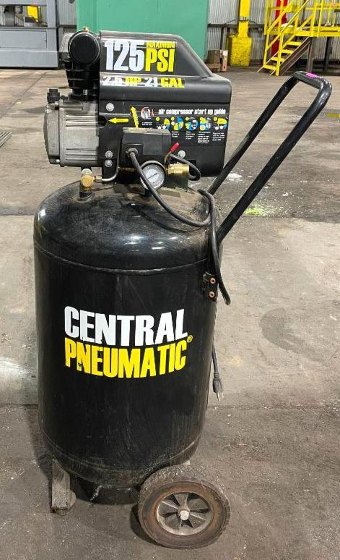 DESCRIPTION 21-GALLON CAST IRON VERTICAL AIR COMPRESSOR BRAND/MODEL CENTRAL PNEUMATIC ADDITIONAL INF