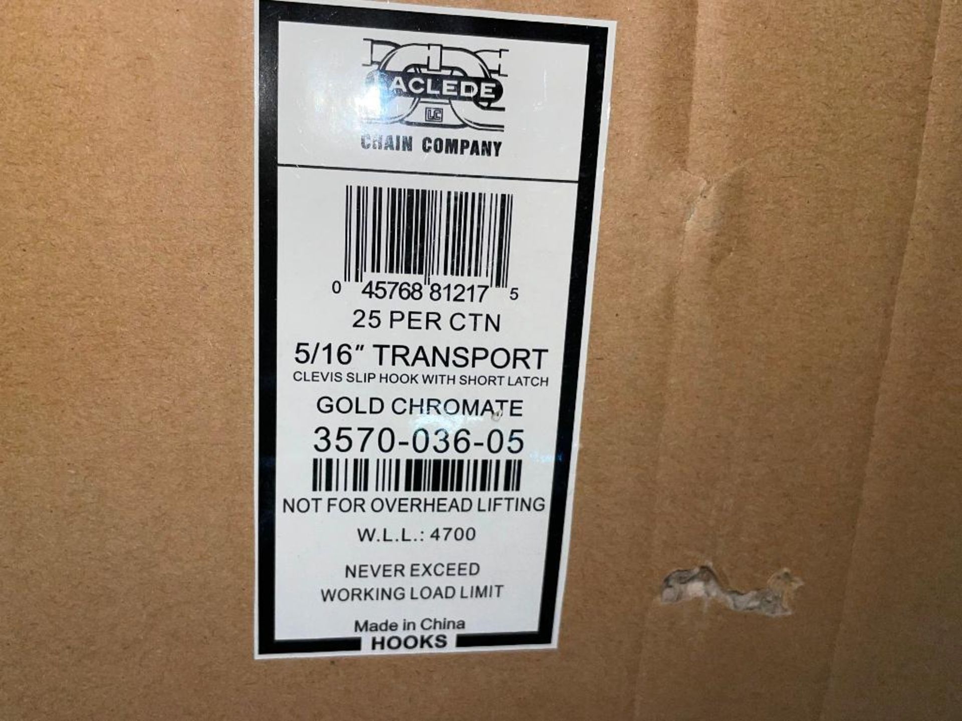 DESCRIPTION: (4) BOXES OF 5/16" TRANSPORT CLEVIS SLIP HOOK W/ SHORT LATCH 25. PER BOX, 100 IN LOT. B - Image 3 of 4