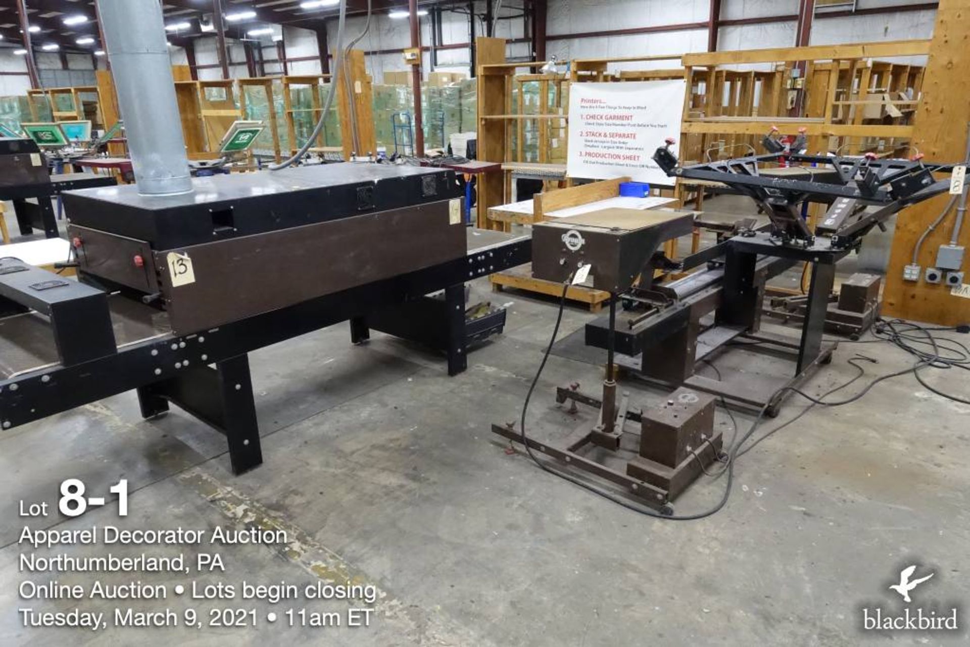 Brown number printer silkscreen line including (1) four-station 46" screen carriages, two color, (2)