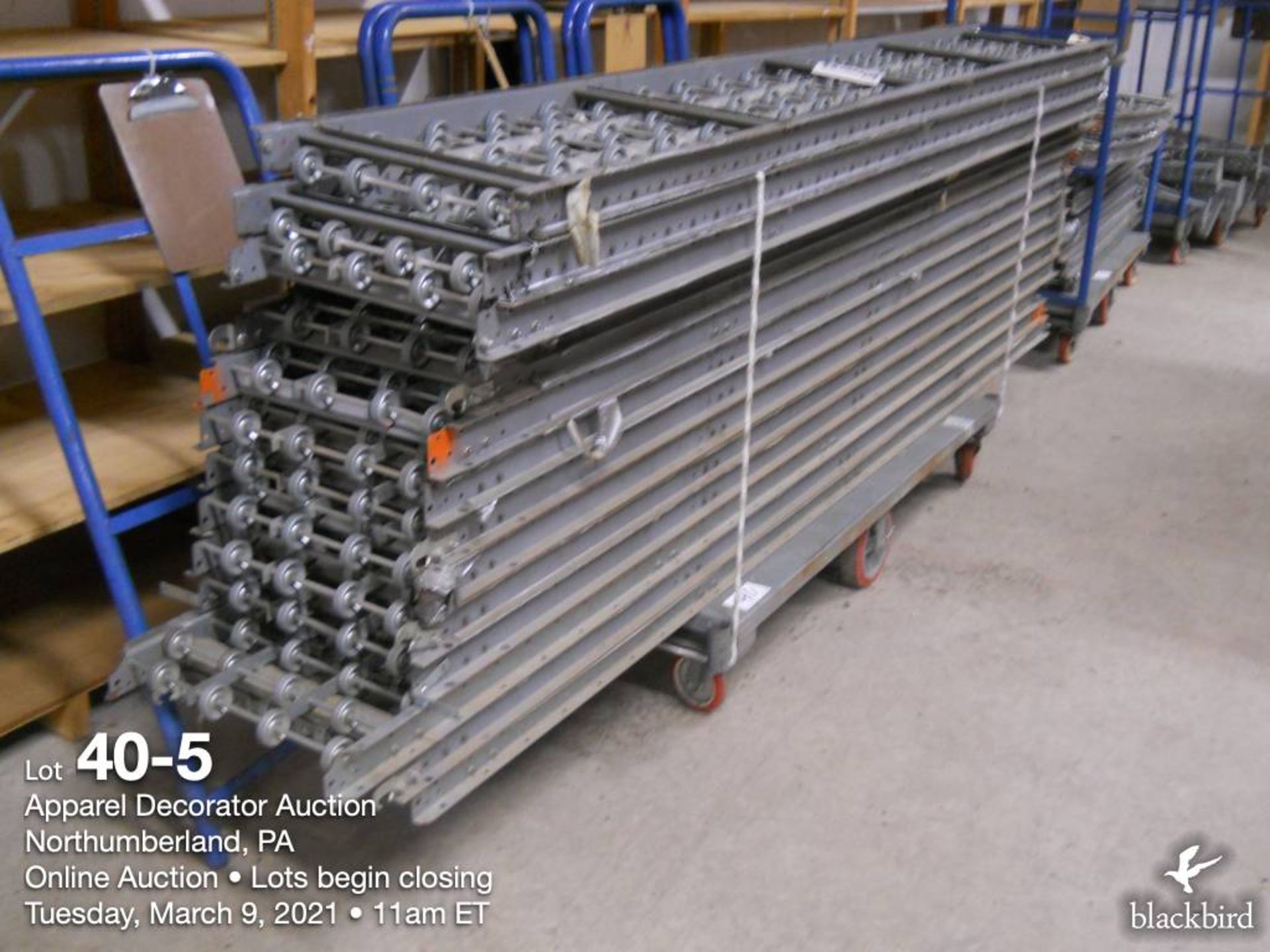 16" Galvanized skate conveyor on 8 cart with legs, 430 feet of 10' x 16 and 100 feet of 4' x 5 - Image 5 of 9