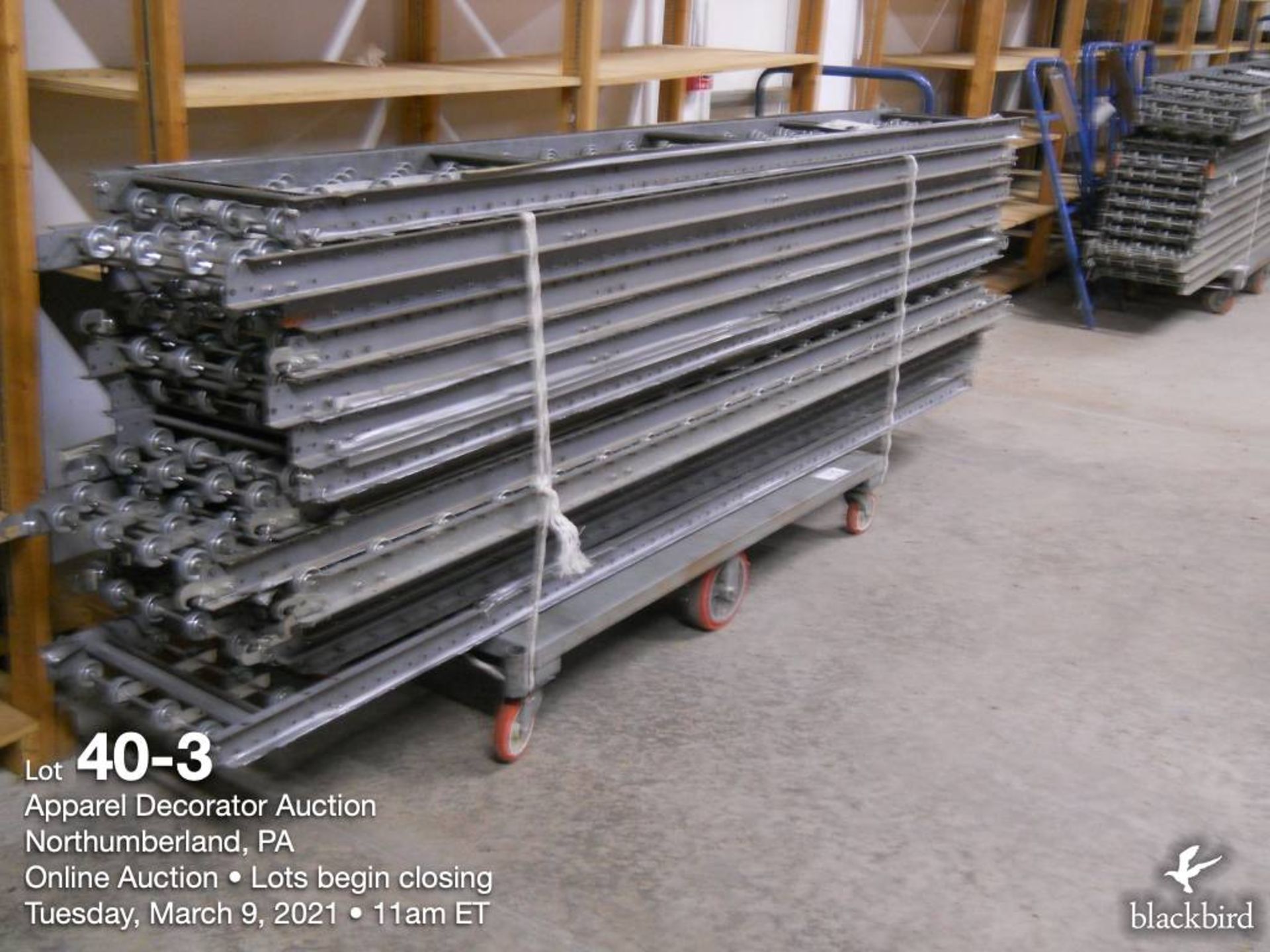 16" Galvanized skate conveyor on 8 cart with legs, 430 feet of 10' x 16 and 100 feet of 4' x 5 - Image 3 of 9