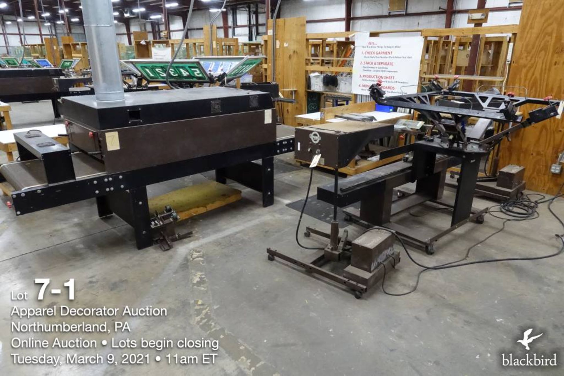 Brown number printer silkscreen line including (1) four-station 46" screen carriages, two color, (2)