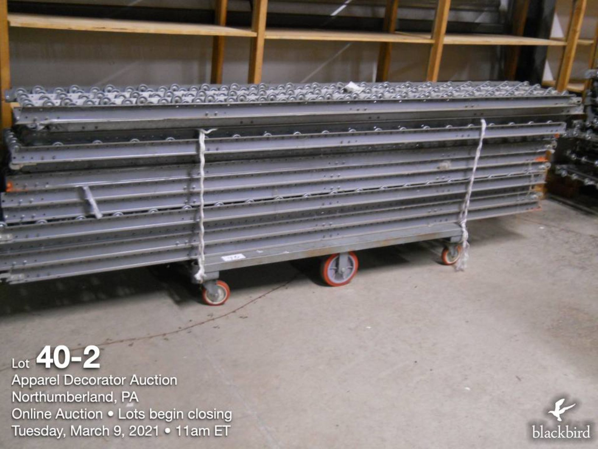 16" Galvanized skate conveyor on 8 cart with legs, 430 feet of 10' x 16 and 100 feet of 4' x 5 - Image 2 of 9