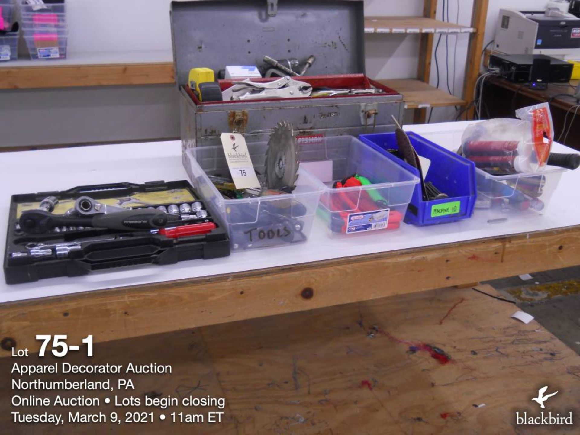 Craftsman tool box and bins of miscellaneous tools