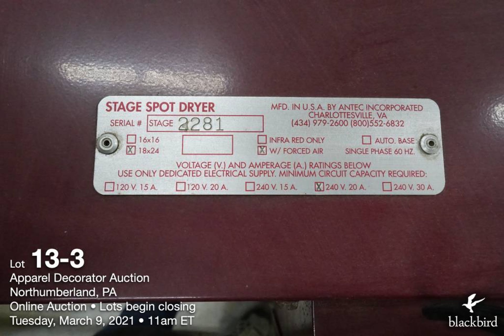 Antec Stage infrared spot dryer, 18" x 24", 240V, SN 2287 (base sn:2281) - Image 3 of 4