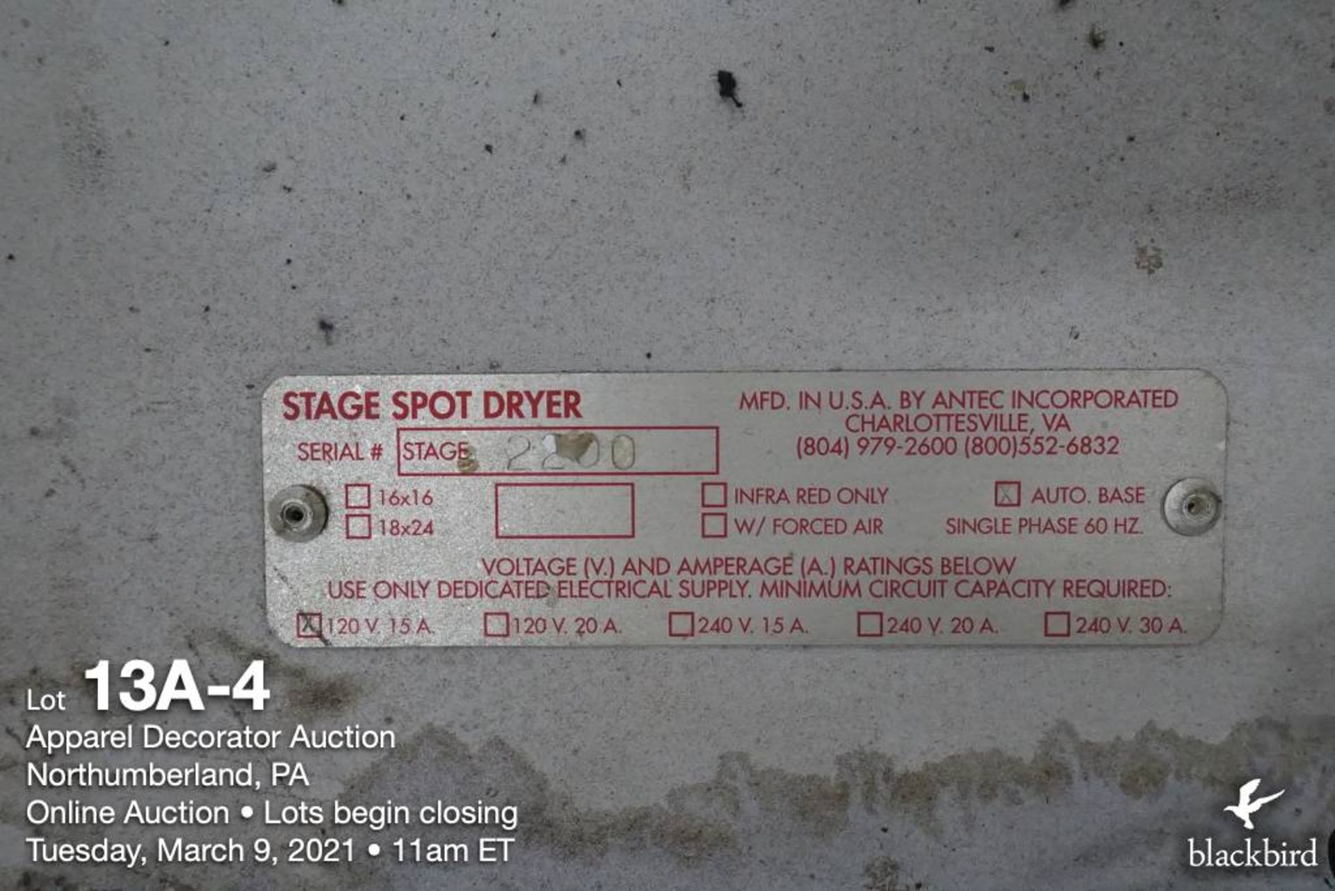 Antec Stage infrared spot dryer, 18" x 24", 120V, SN 2200 (base sn:2197) - Image 4 of 4