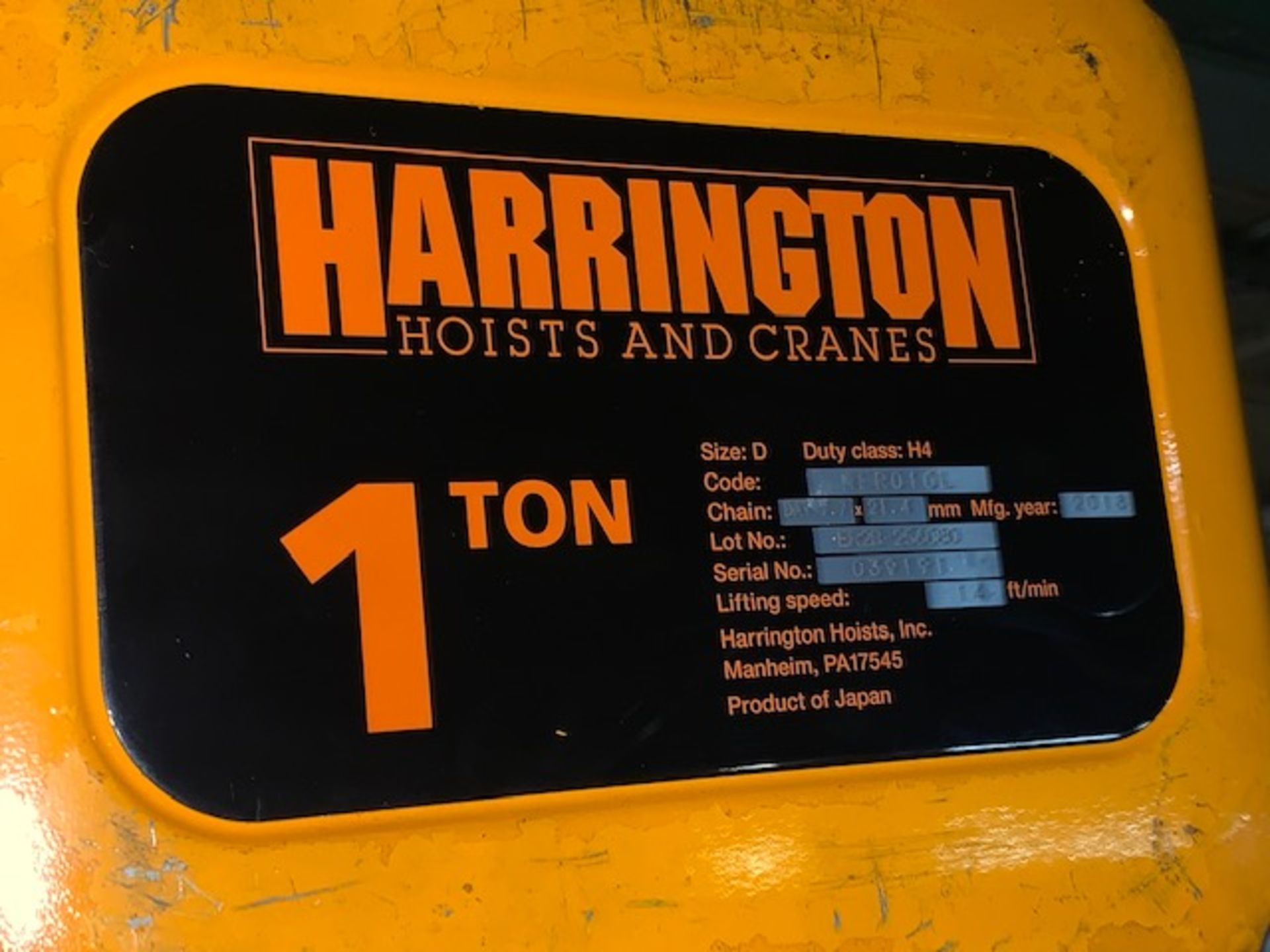 1 Ton Harrington Electric Chain Hoist w/ Pendant, 14 FPM, Mfg'd: 2018 - Image 5 of 5
