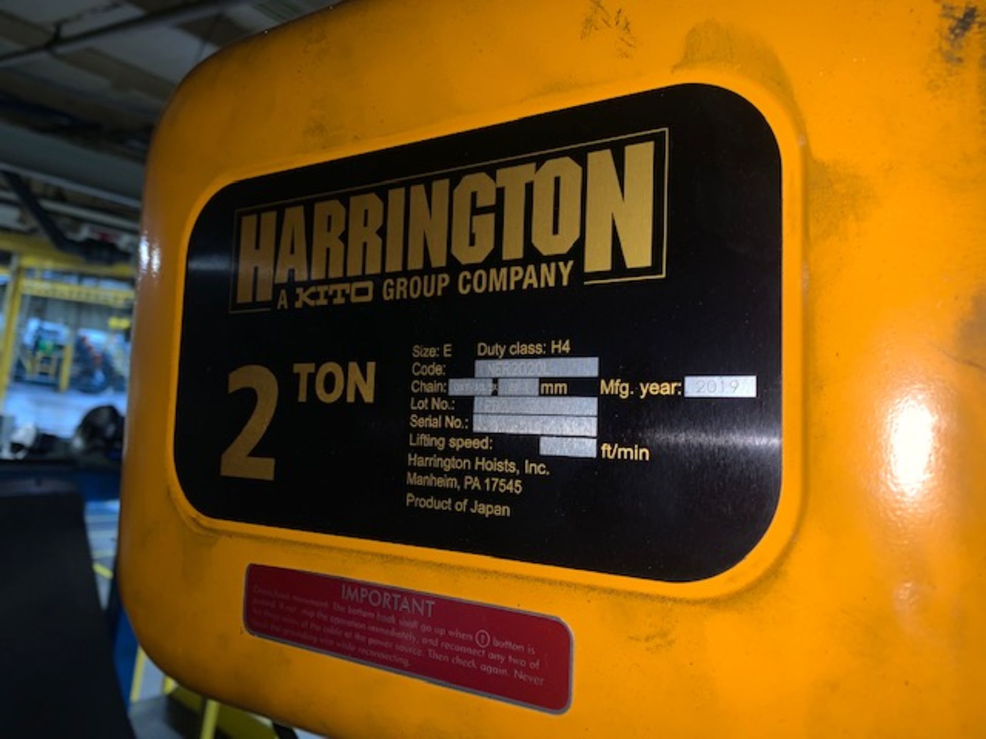2 Ton Harrington Electric Hoist w/ Pendant, Manual Trolley, 14 FPM, Mfg'd: 2019 - Image 6 of 7
