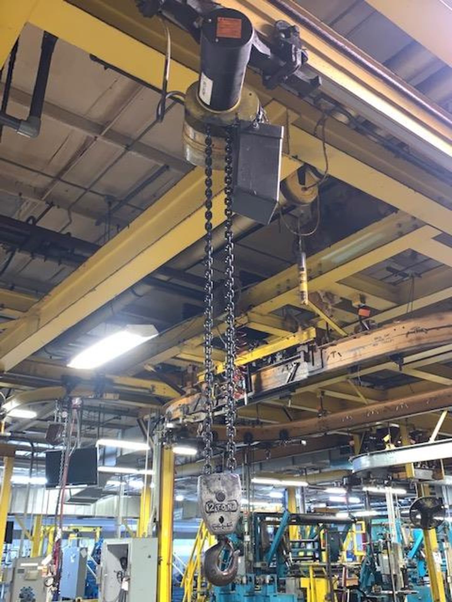 2 - 1 Ton Hoists w/ Manual Trolleys driven by a common Power Trolley Station pushing w/ Pendant - Image 5 of 9