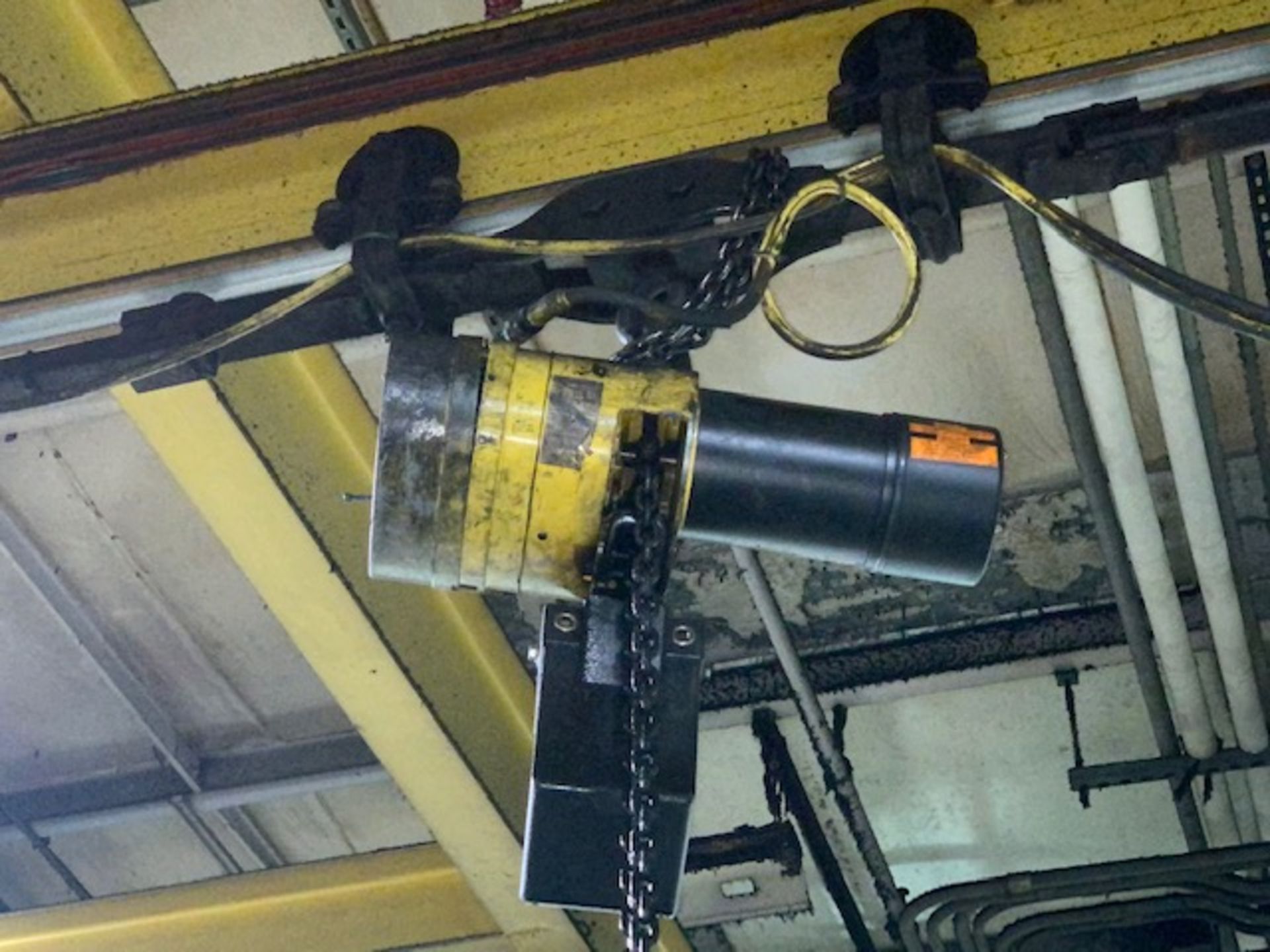 2 - 1 Ton Hoists w/ Manual Trolleys driven by a common Power Trolley Station pushing w/ Pendant - Image 7 of 9