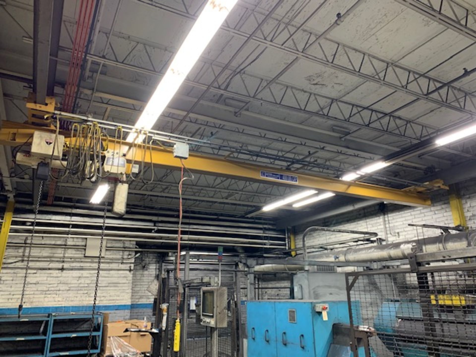 2 Ton Eastern Underhung Bridge Crane, 30' Long approx, w/ 2 Ton & 1 Ton Hoists, Pendant