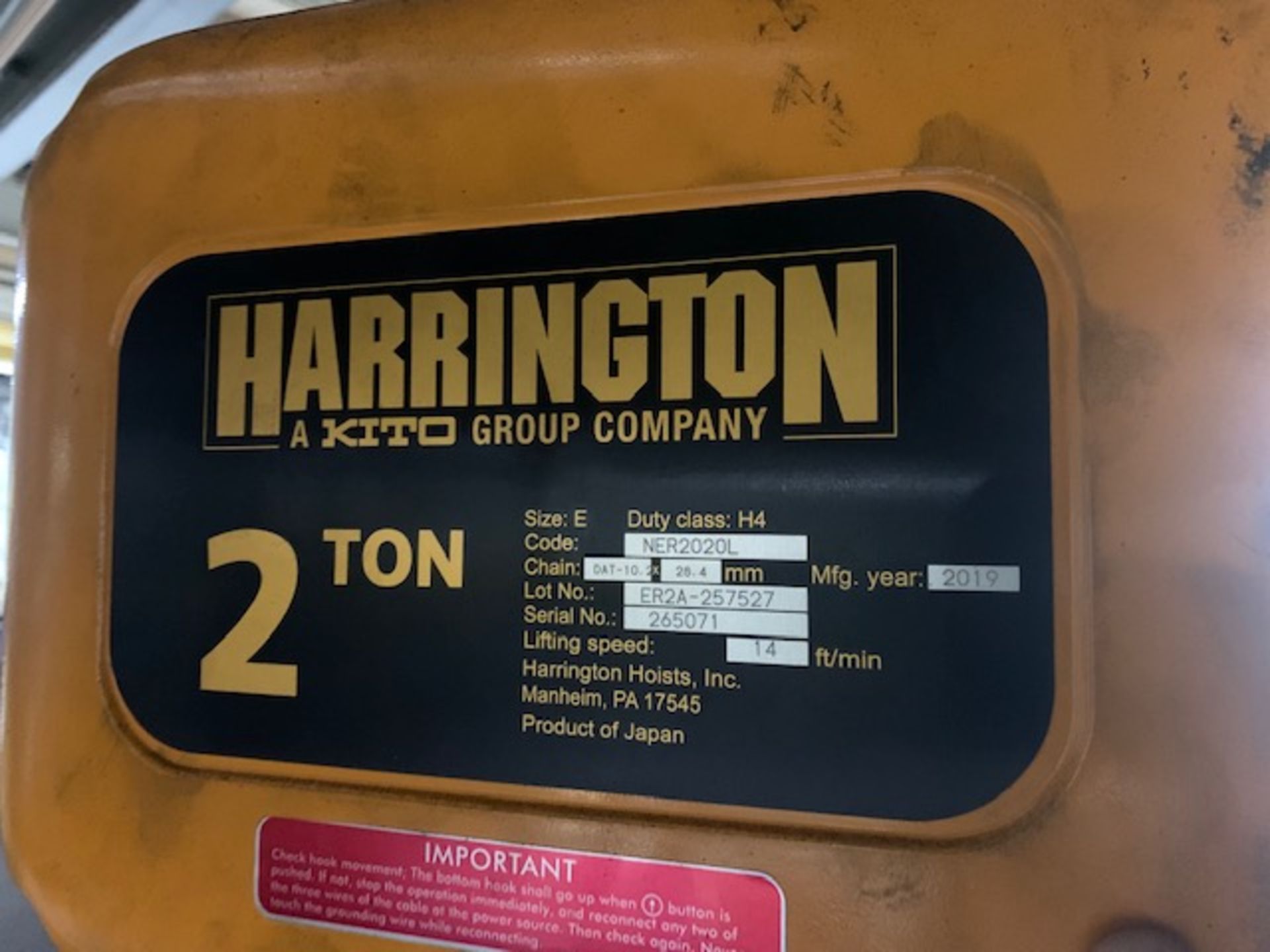 2 Ton Harrington Electric Hoist w/ Pendant, Manual Trolley, 14 FPM, Mfg'd: 2019 - Image 7 of 7