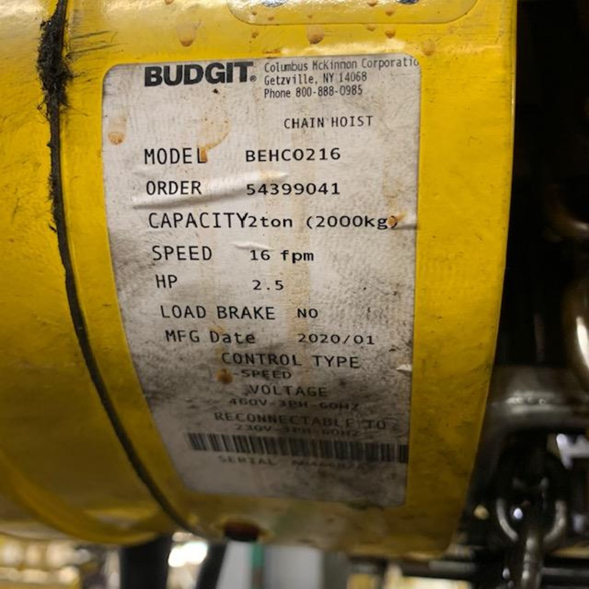 2 Ton Budgit Electric Chain Hoist, 16 FPM, Manual Trolley, Mfg'd: 2020 - Image 4 of 6