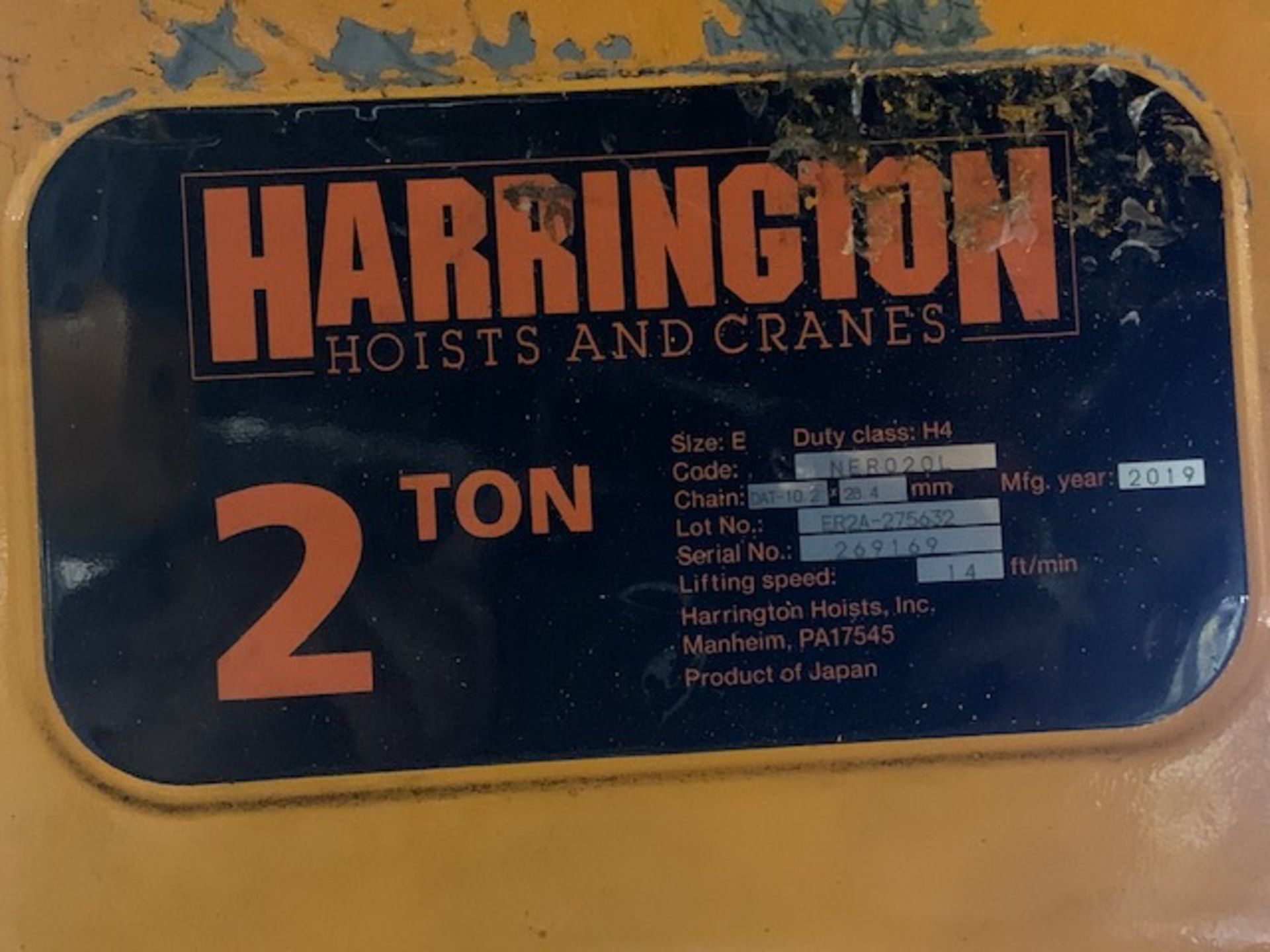 2 Ton Harrington Electric Chain Hoist, Manual Trolley, 14 FPM, Mfg'd: 2019 - Image 5 of 6
