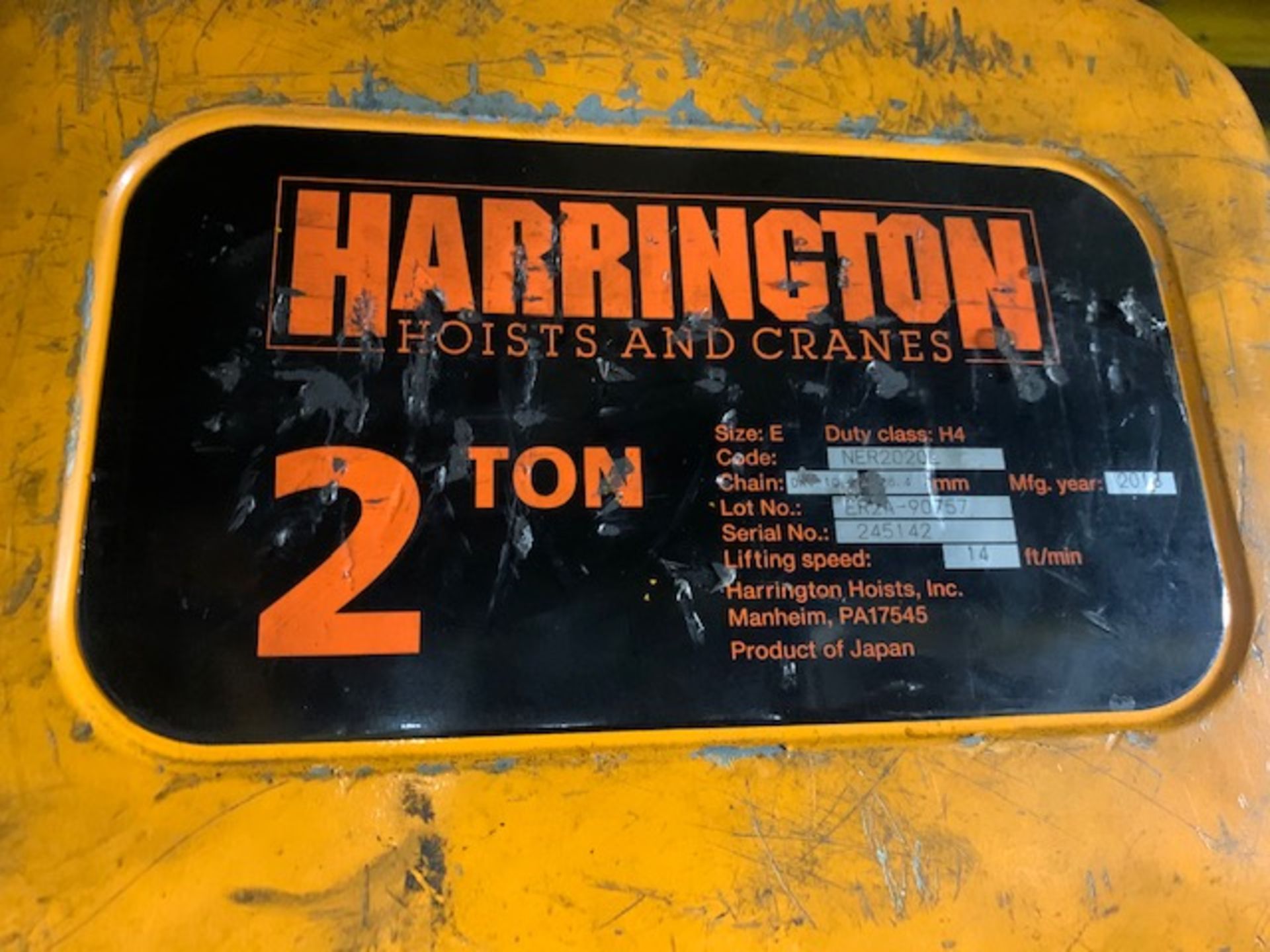 2 Ton Harrington Electric Chain Hoist w/ Power Trolley & Pendant, 14 FPM, Mfg'd: 2018 - Image 5 of 6