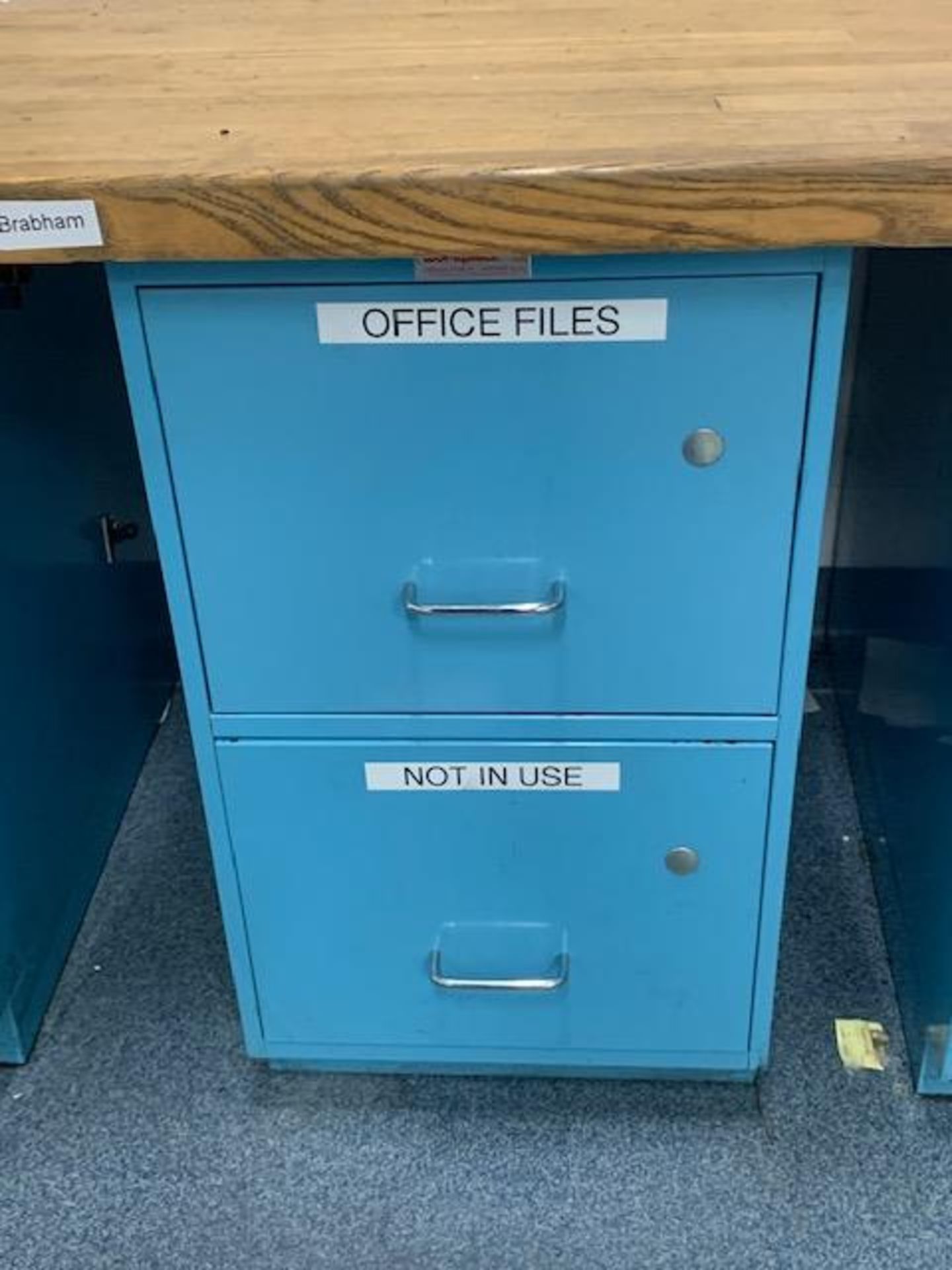 30" x 72" x 1-3/4" Oak Table Top sitting on 3 Workplace 2 Drawer Cabinets - Image 3 of 6