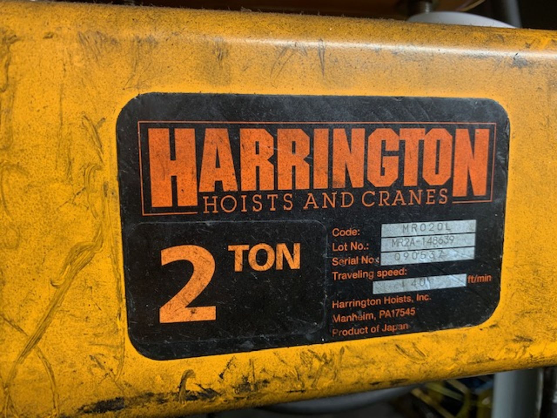 2 Ton Harrington Electric Chain Hoist w/ Power Trolley & Pendant, 14 FPM, Mfg'd: 2018 - Image 5 of 5