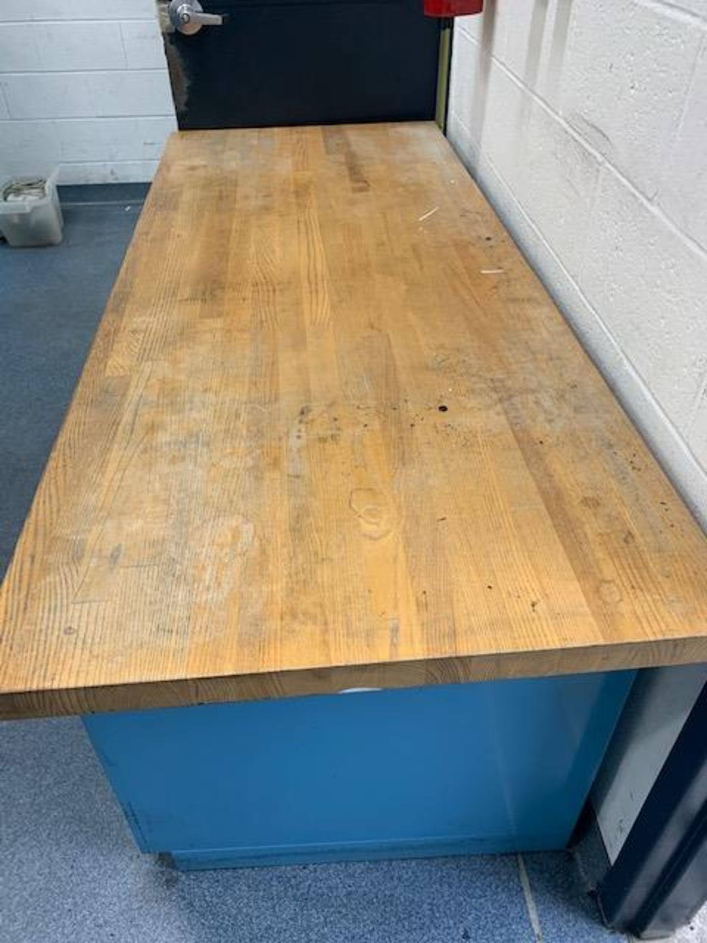 30" x 72" x 1-3/4" Oak Table Top sitting on 3 Workplace 2 Drawer Cabinets - Image 6 of 6