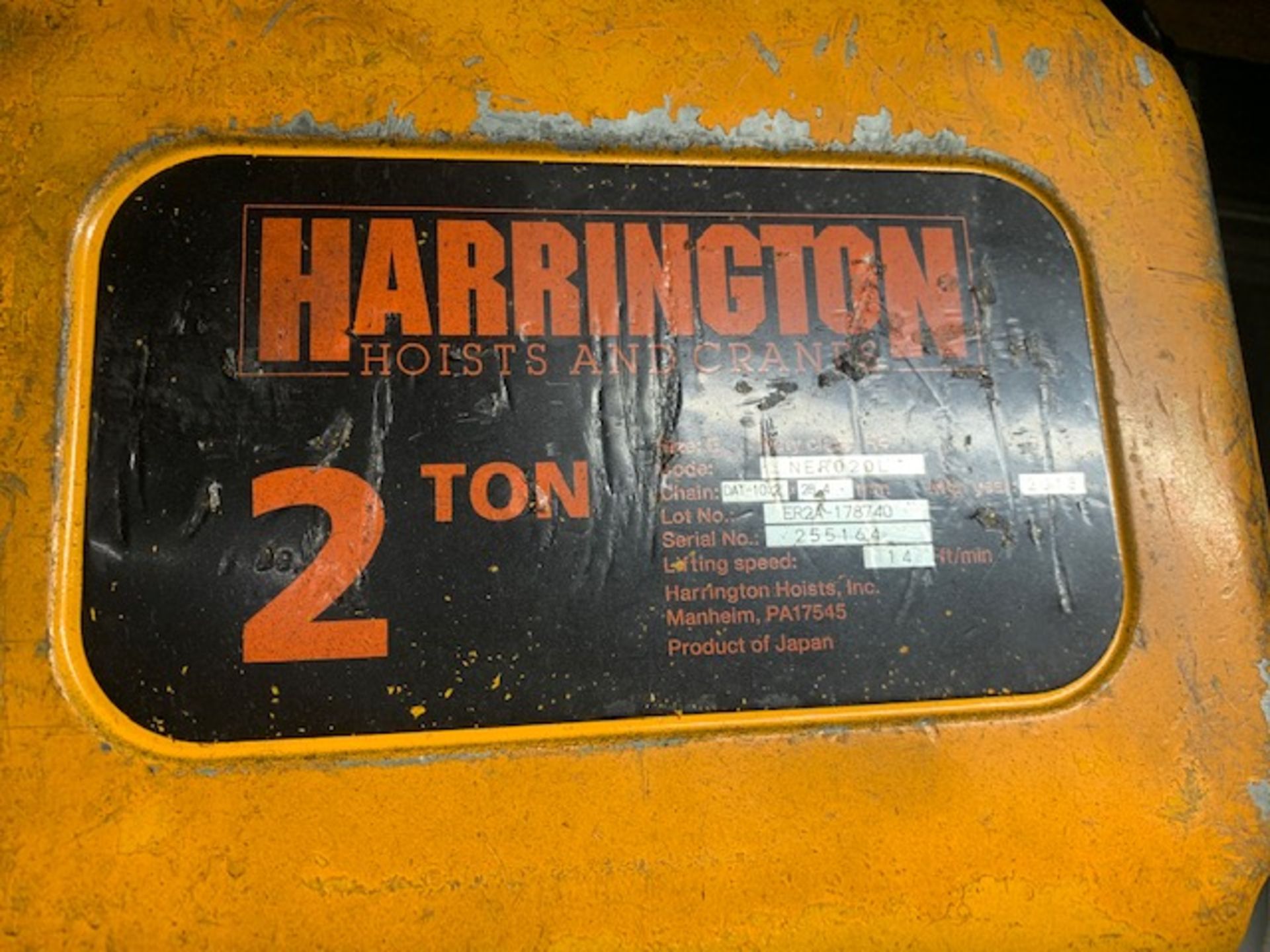 2 Ton Harrington Electric Chain Hoist w/ Power Trolley & Pendant, 14 FPM, Mfg'd: 2018 - Image 4 of 5