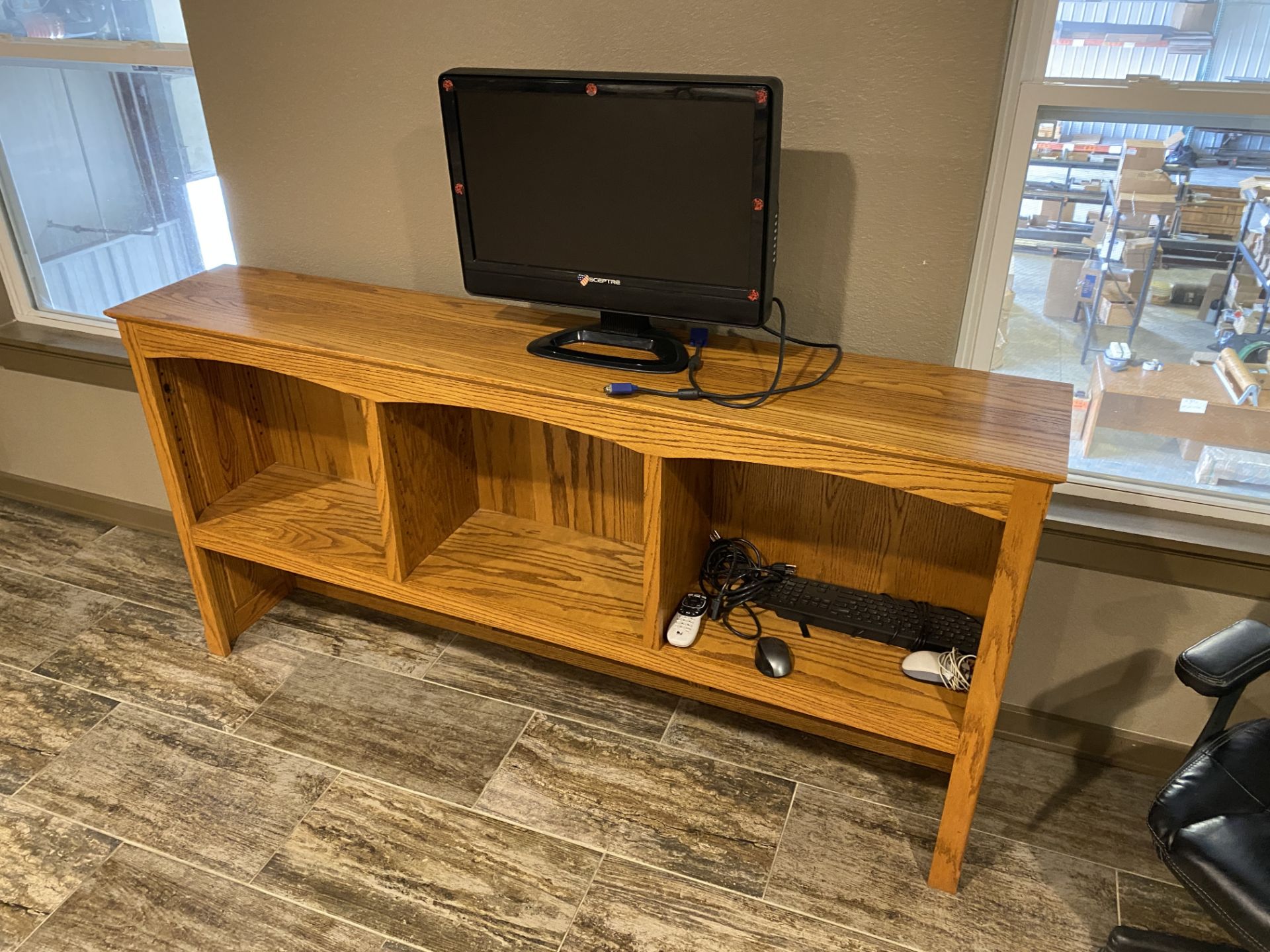 Monitor and Wooden Storage Shelf