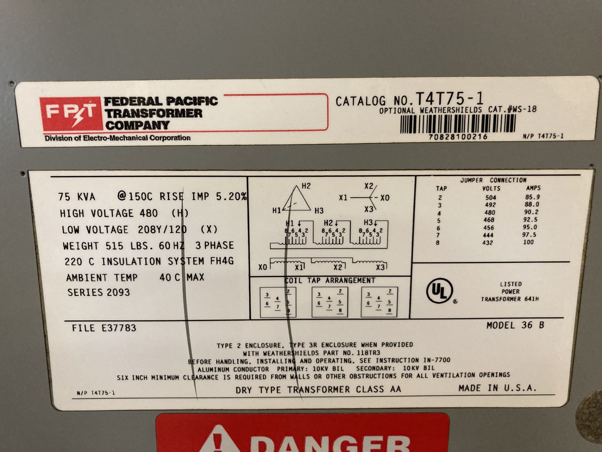 75KVA Federal Pacific Transformer - Image 4 of 4