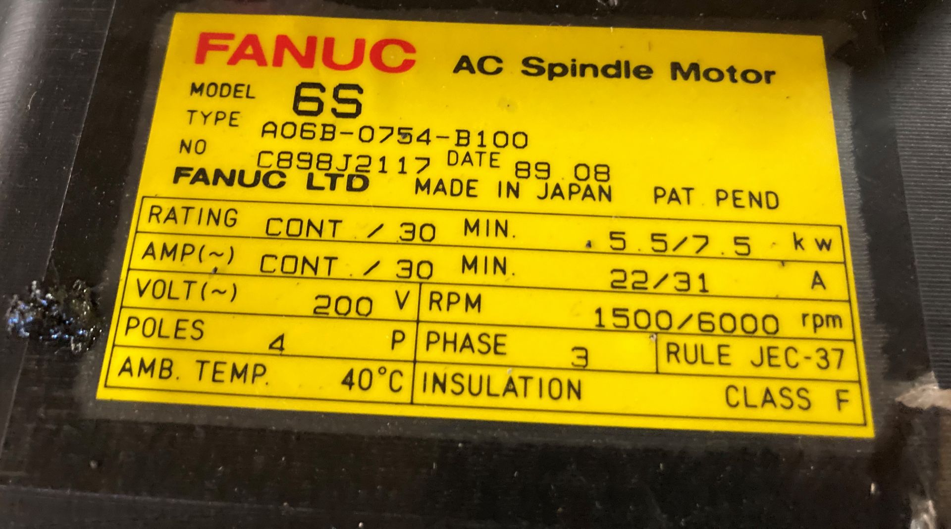 Fanuc AC Spindle Motor, M/N: 6S - Image 4 of 4