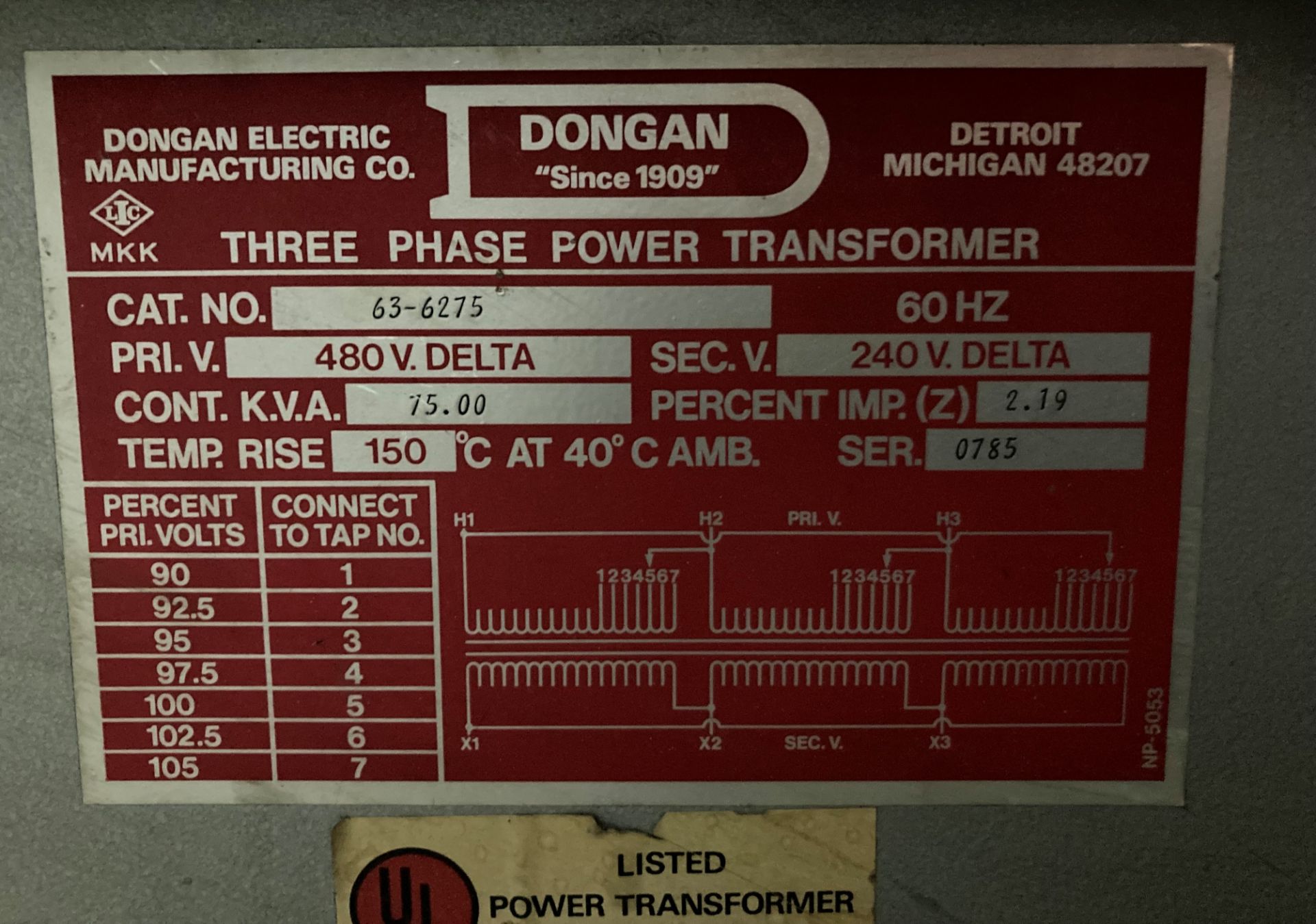 75 KVA Dongan Three Phase Power Transformer, CAT: 63-6275 - Image 4 of 4