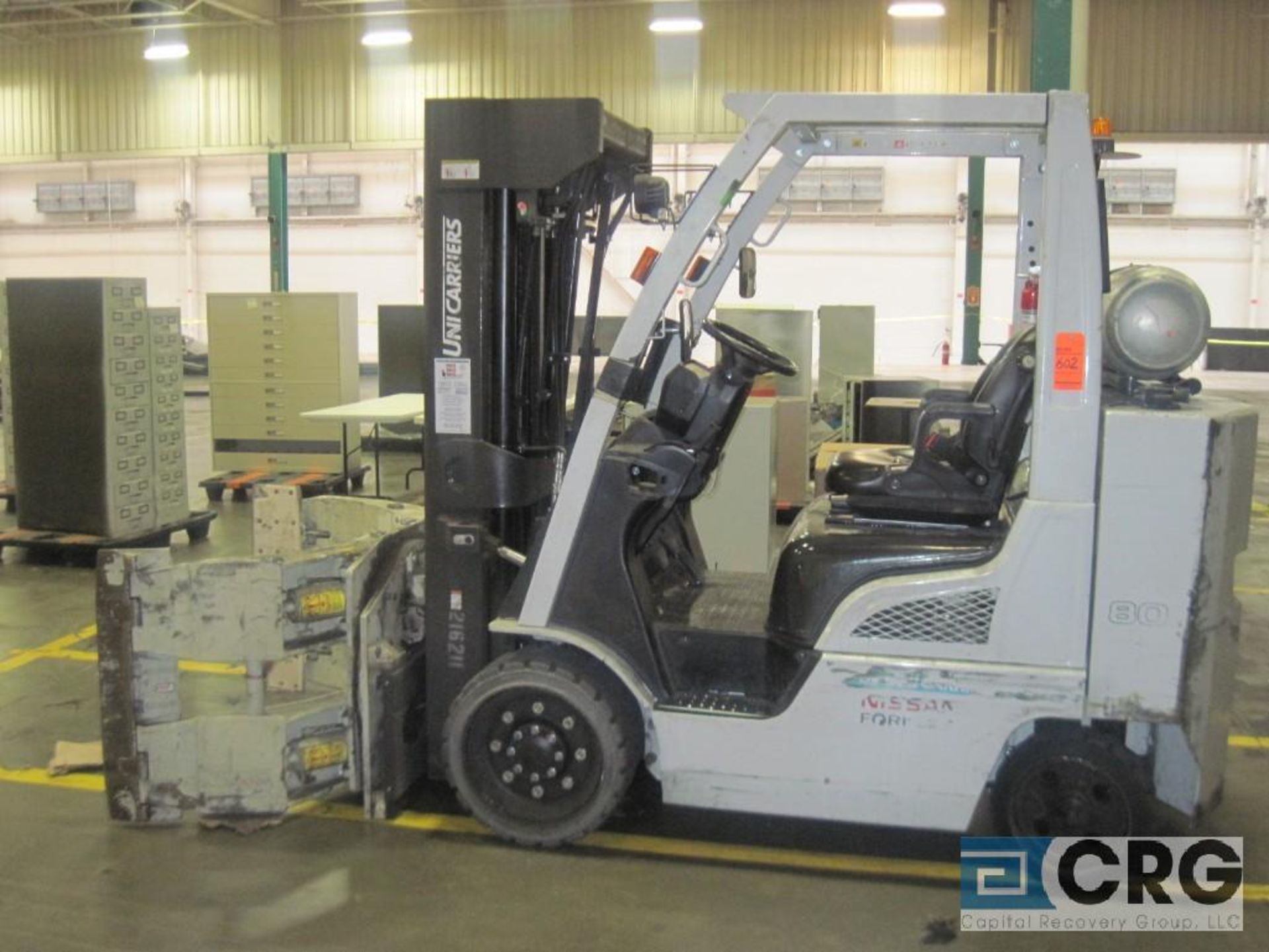 Nissan 80 forklift, m/n MCUG1F2F36LV, propane, 3500 lb capacity, 3-stage mast, 240 inch lift height,