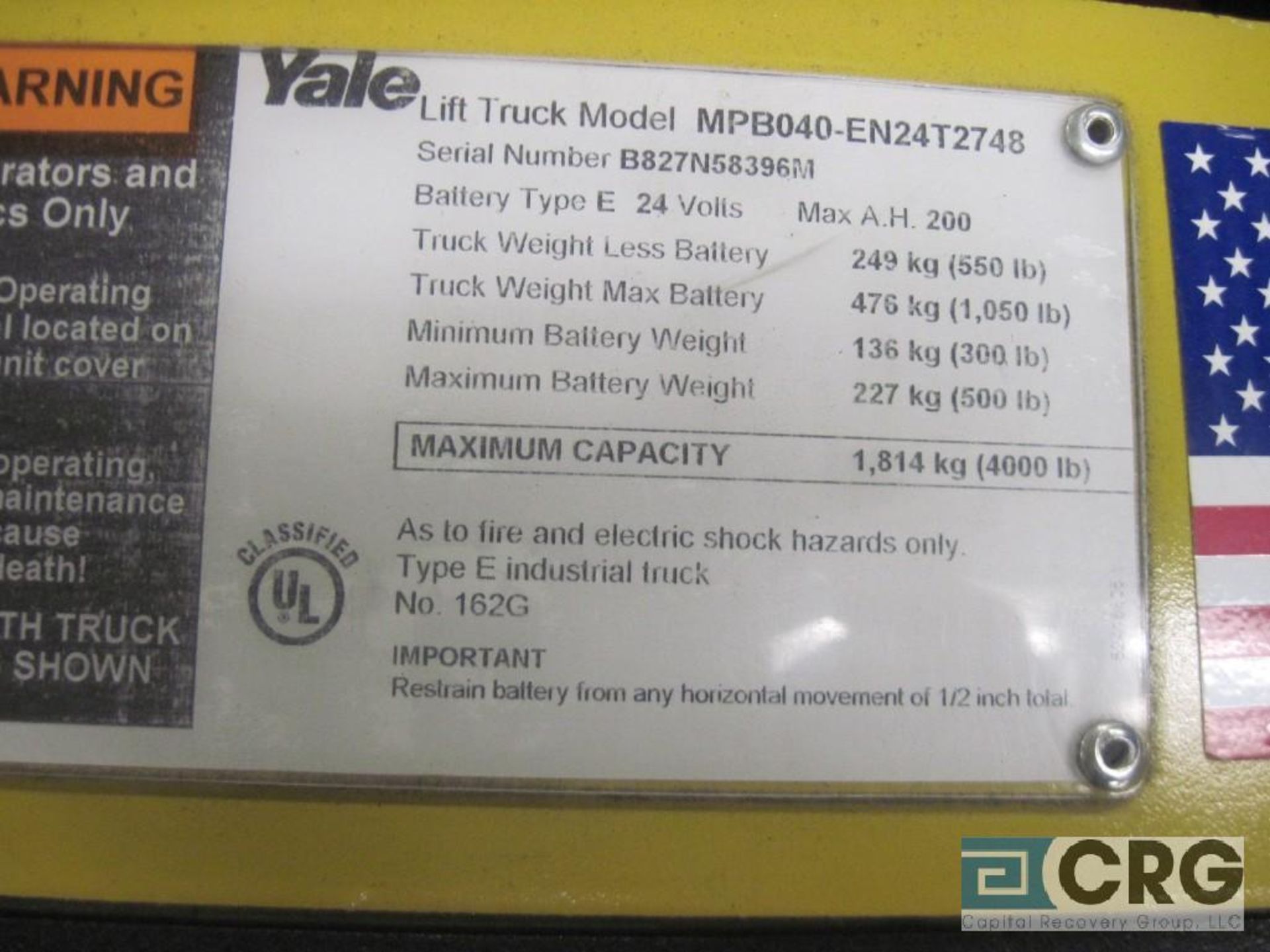 Yale MPB040-EN24T2748 walk behind pallet jack, 24 volt battery, 4000 lb capacity (Machine Shop - Image 4 of 4