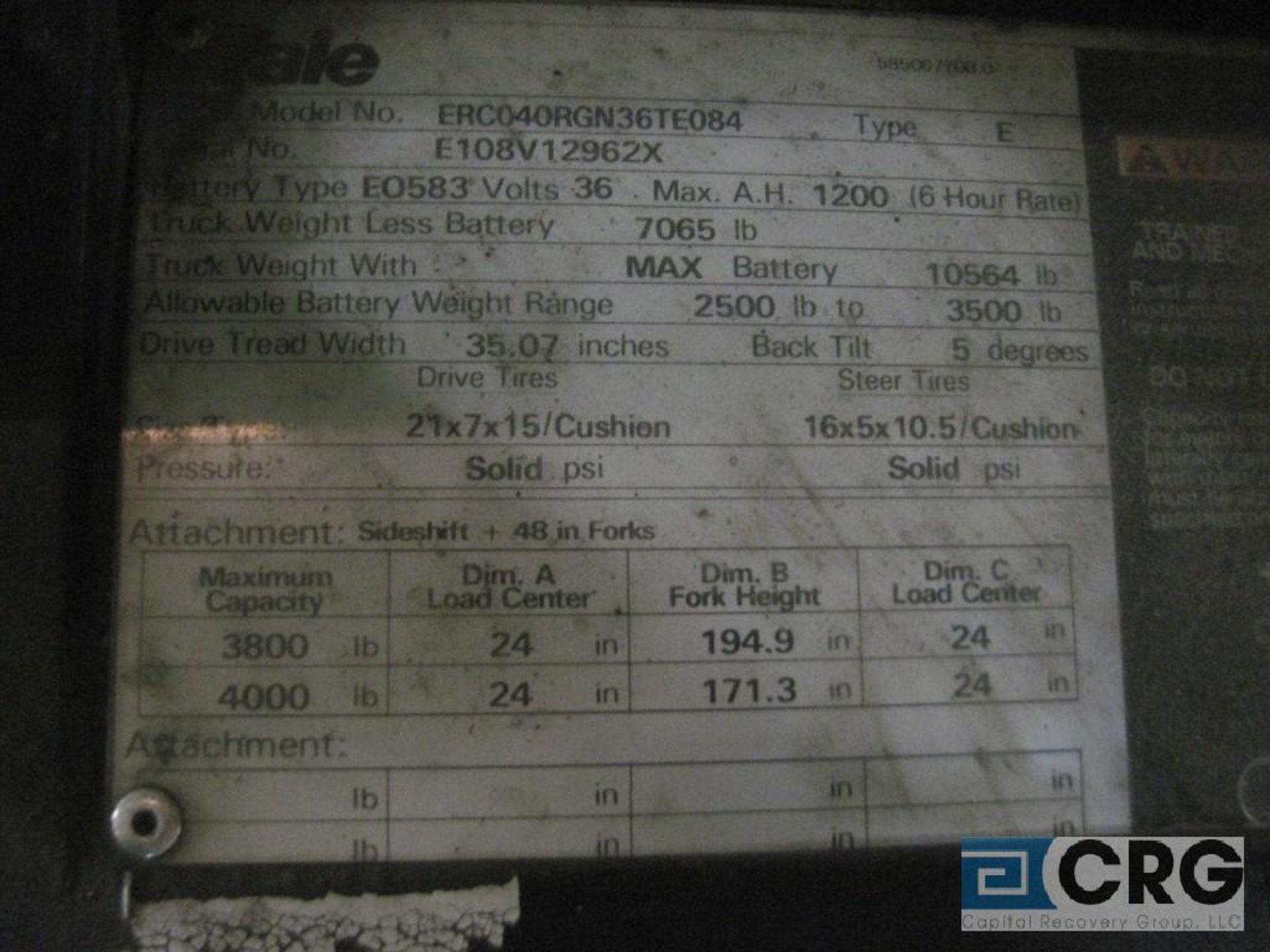 Yale forklift, m/n ERC040RGN36TEO84, electric battery powered, 36 volt, 4000 lb capacity, 3-stage - Image 3 of 3