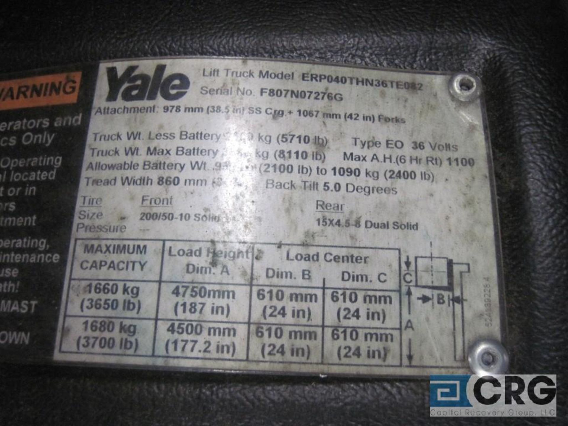 Yale forklift, m/n ERP040THN36TEO82, electric battery powered, 36 volt, 3700 lb capacity, 3-stage - Image 3 of 3