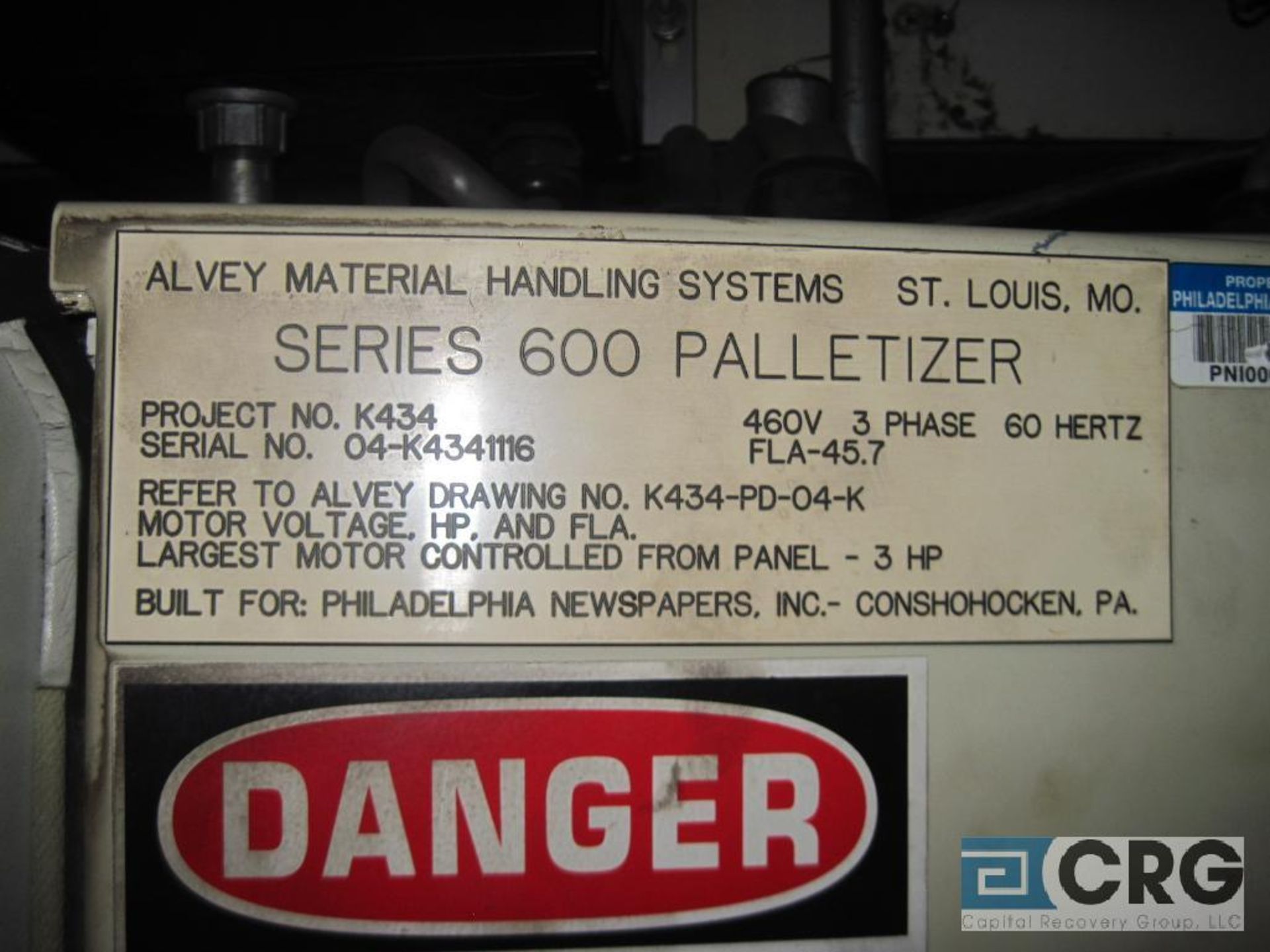 Alvey 600 full case low profile autmatic palletizer Sn 04-K4341116 with in feed conveyor, Allen - Image 4 of 8