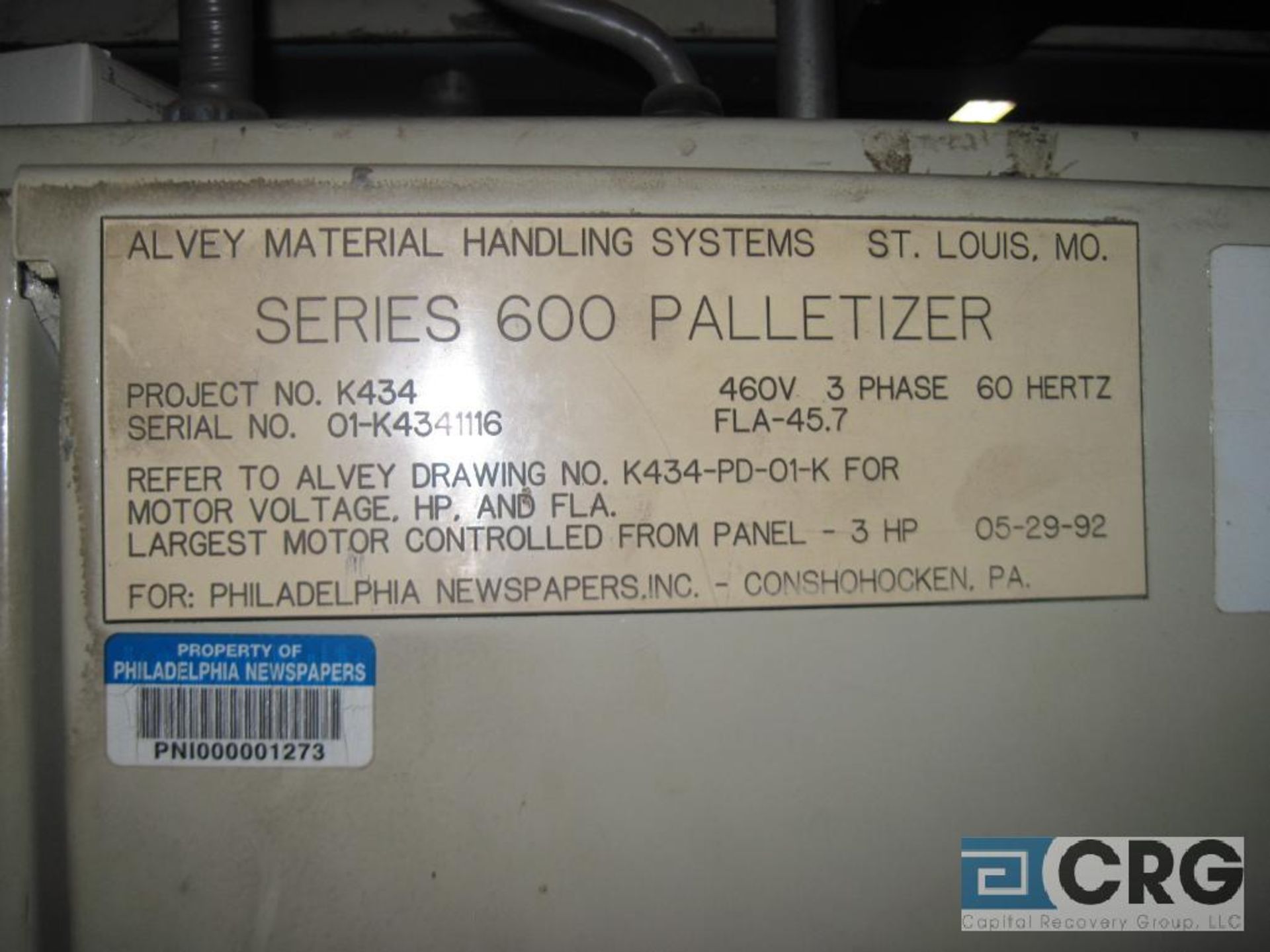 Alvey 600 full case low profile autmatic palletizer Sn 01-K4341116 with in feed conveyor, Allen - Image 5 of 6