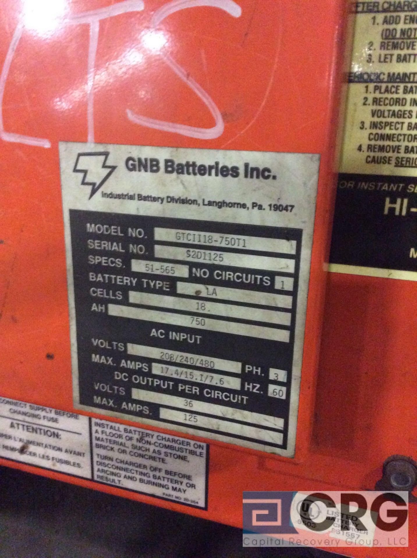 GNB 36 volt battery charger, m/n GTCII18-750T1 - Image 2 of 2