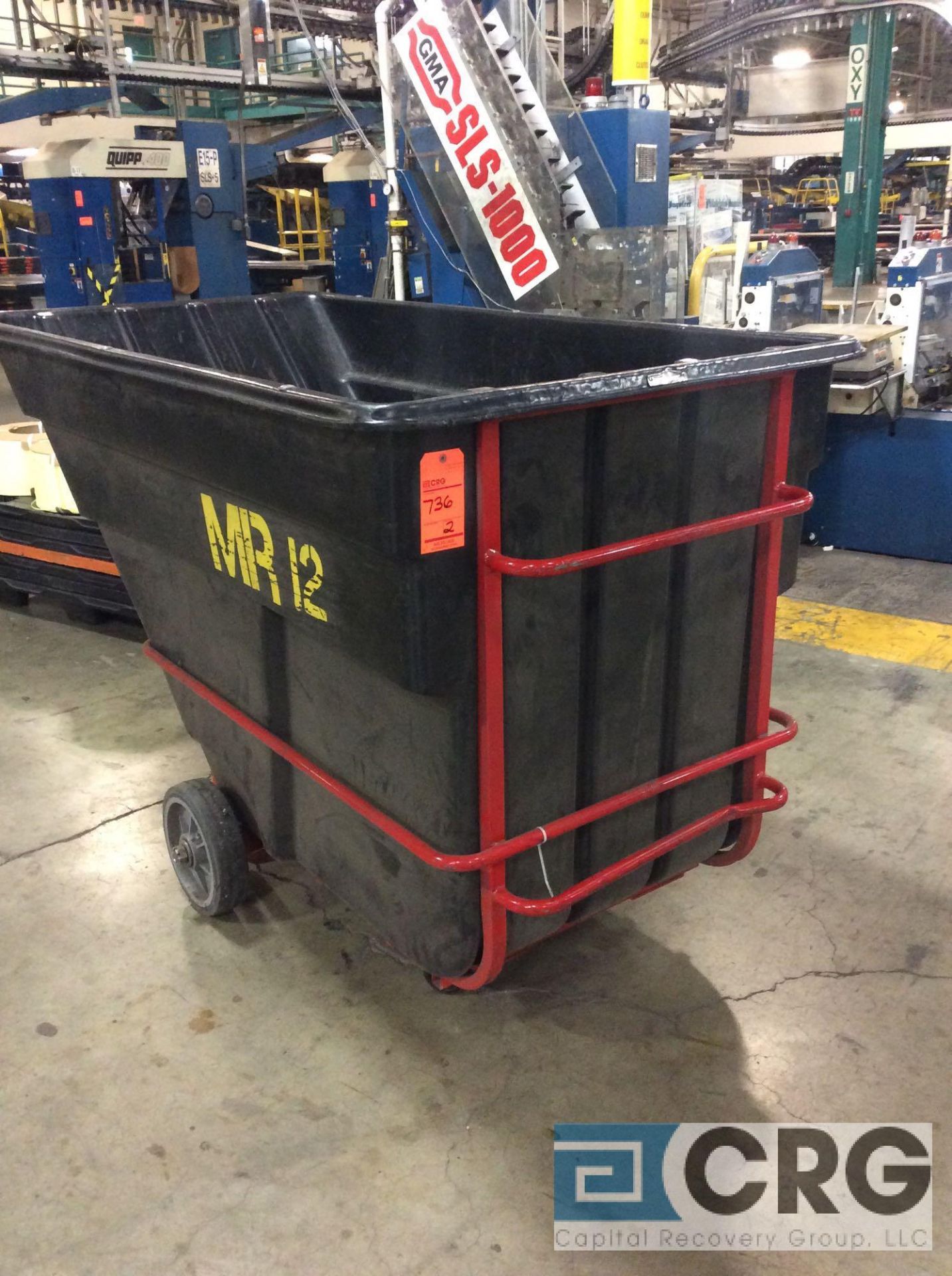 Lot of (2) RUBBERMAID heavy duty trash tipping carts, 1 1/2 cubic yards, 2100 lbs capacity