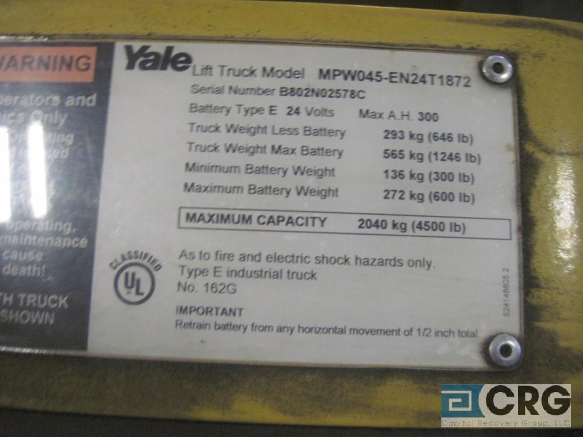 Yale MPW050-EN24T1872 walk behind pallet jack with built in charger, 24 volt battery, 5000 lb - Image 3 of 3