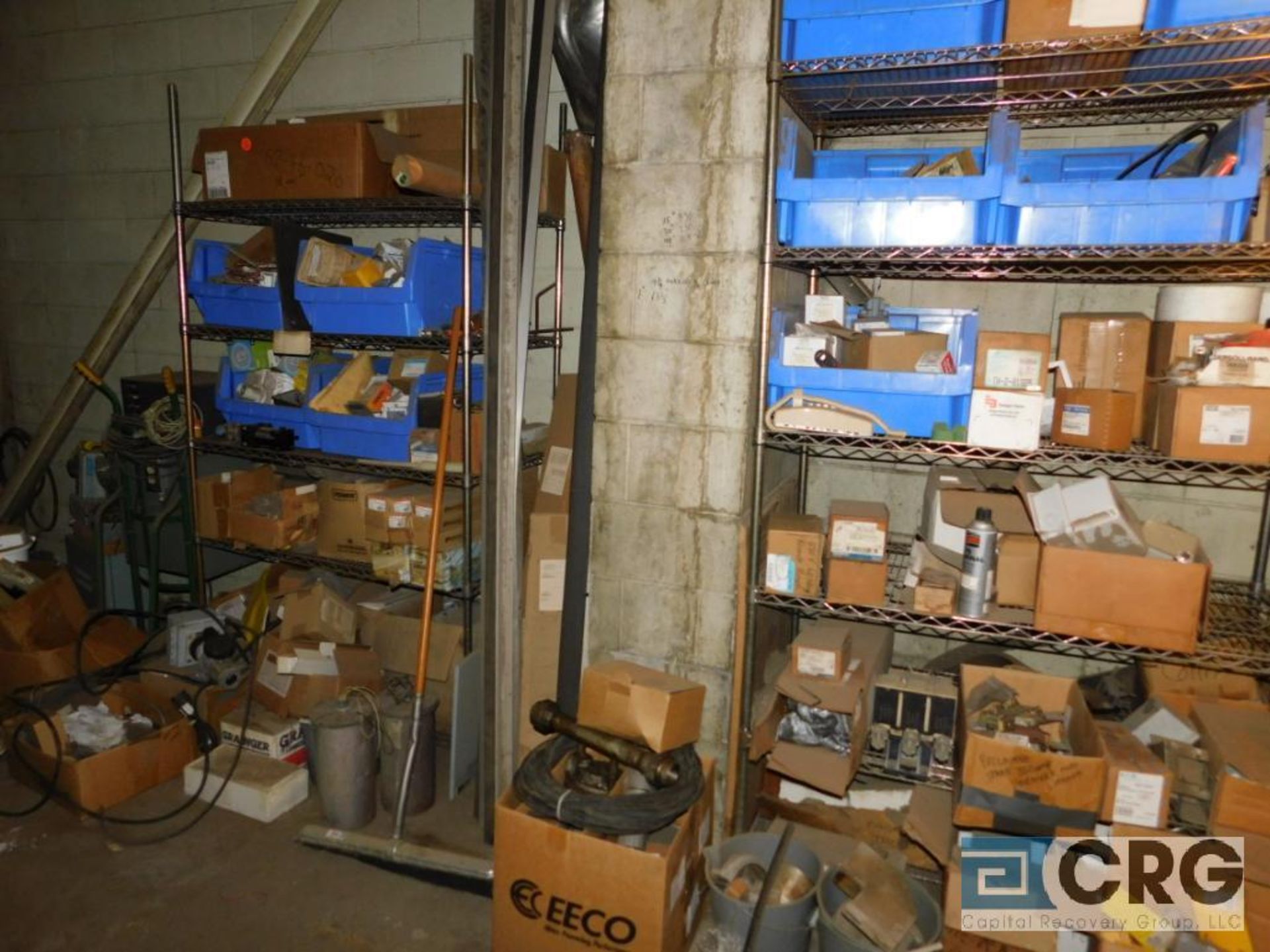 Lot of assorted electrical parts, breakers, gauges, wires, fisher valves (pallet rack and metro rack