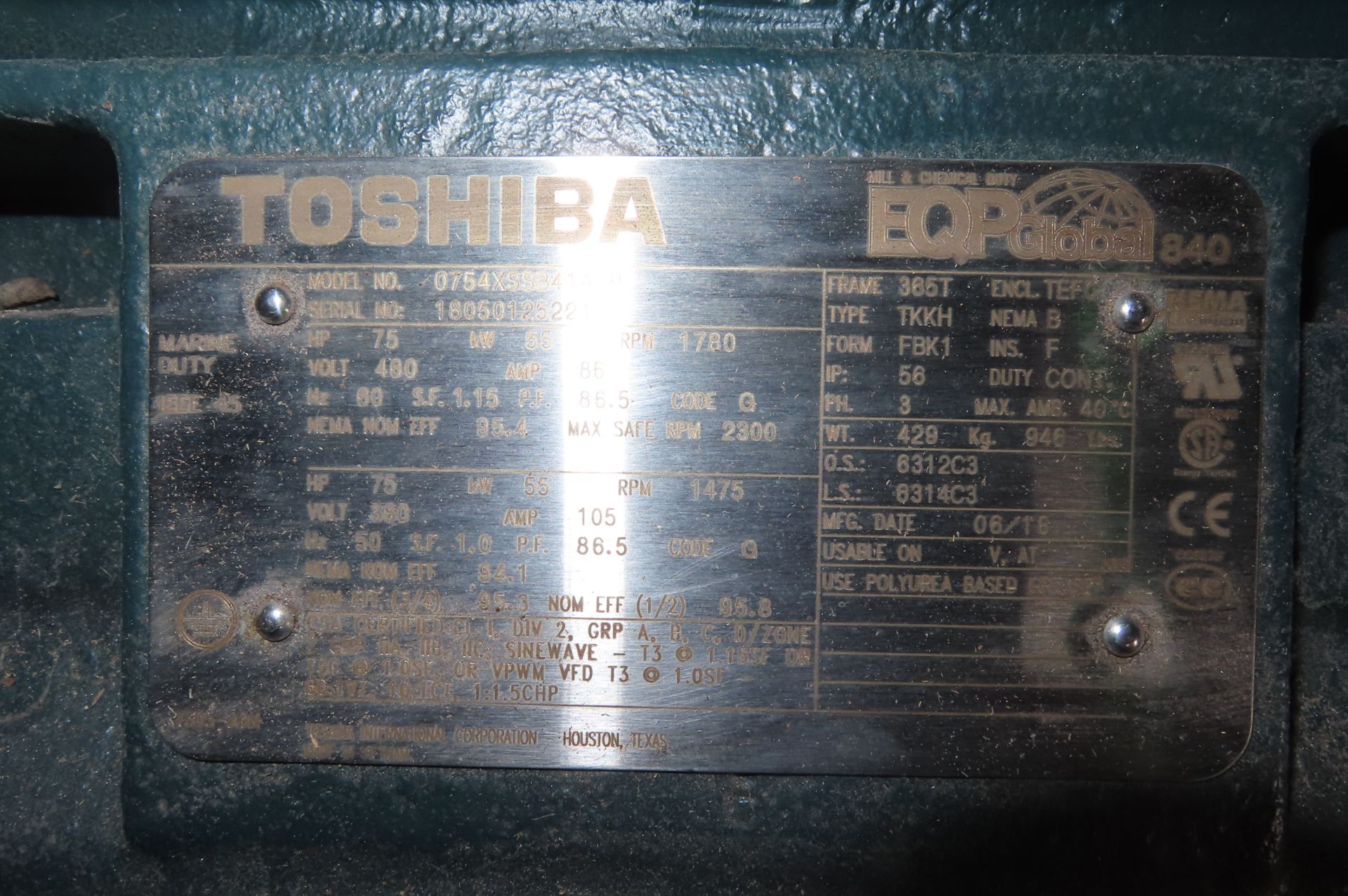 2018 Toshiba 0754X55341A-P motor, 75 hp, 1780 RPM, 385T frame, s/n 18050125221 (never installed) - - Image 3 of 3