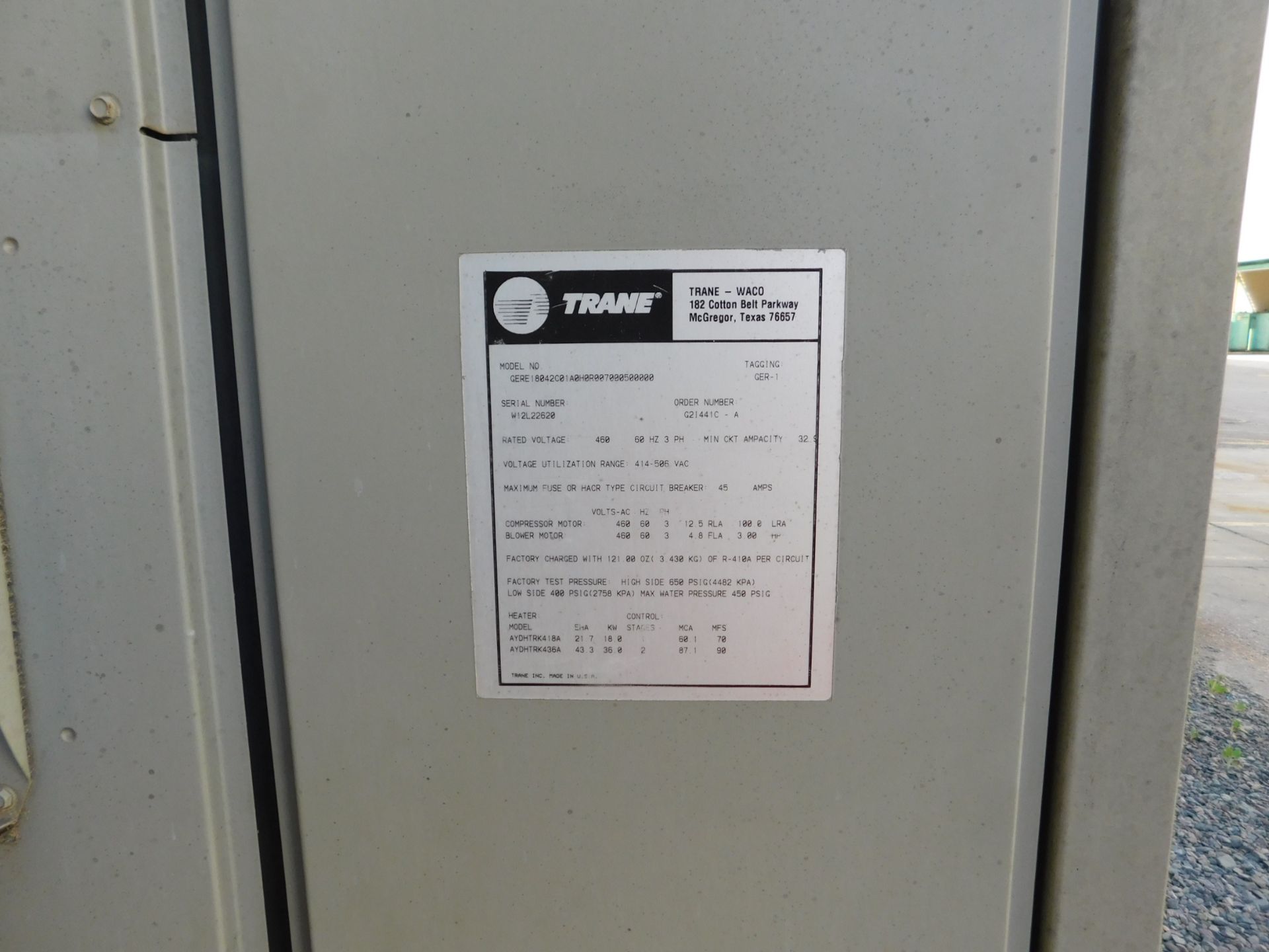 Trane air conditioner, 460 V., 600 hz, 3 ph. COPPER WIRE NOT INCLUDED (Location: West Side of PM - Image 2 of 2