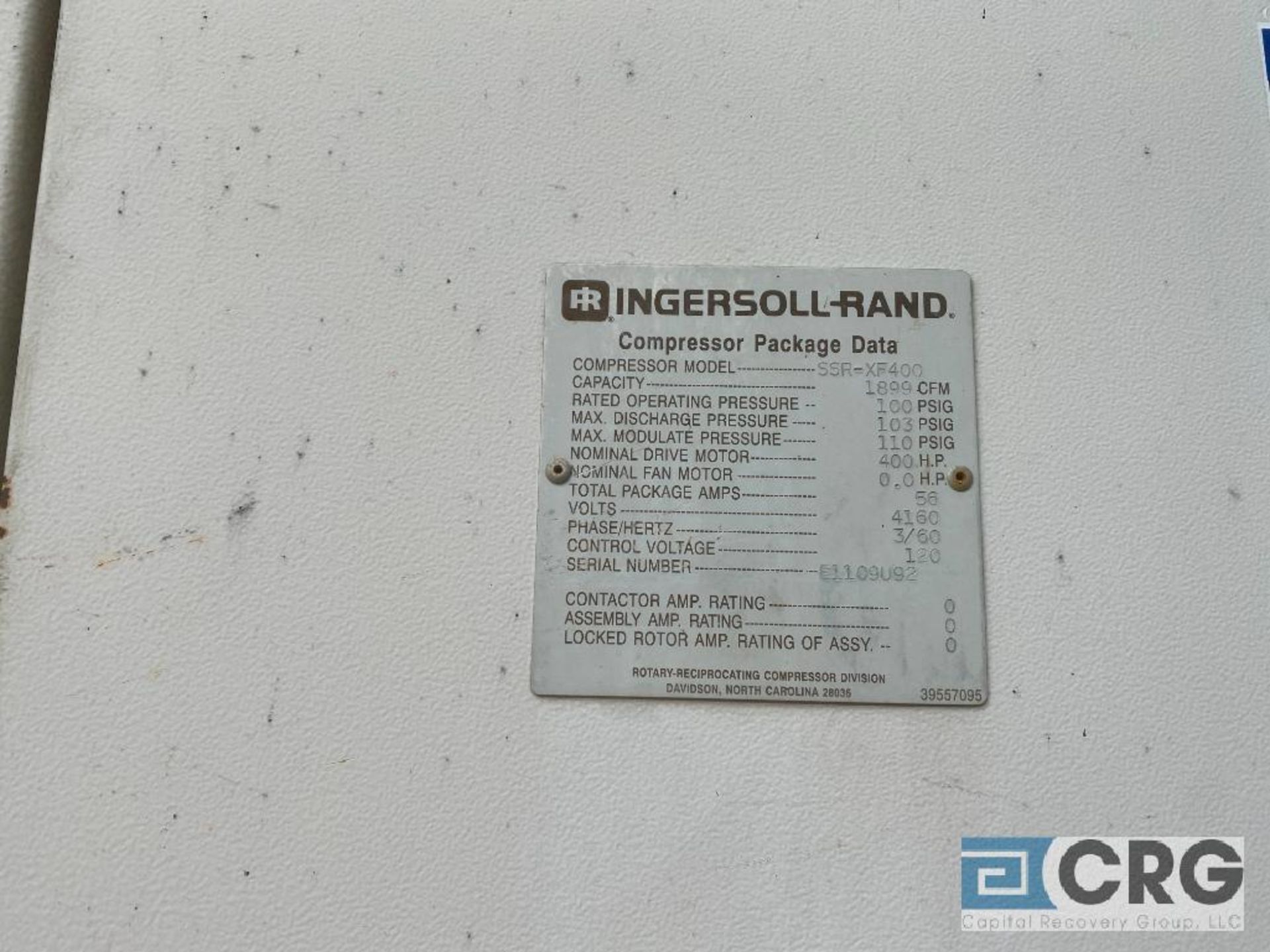 1992 Ingersoll Rand SSR-XF400, 400 HP, 1899 CFM capacity rotary screw air compressor (Location: - Image 3 of 3