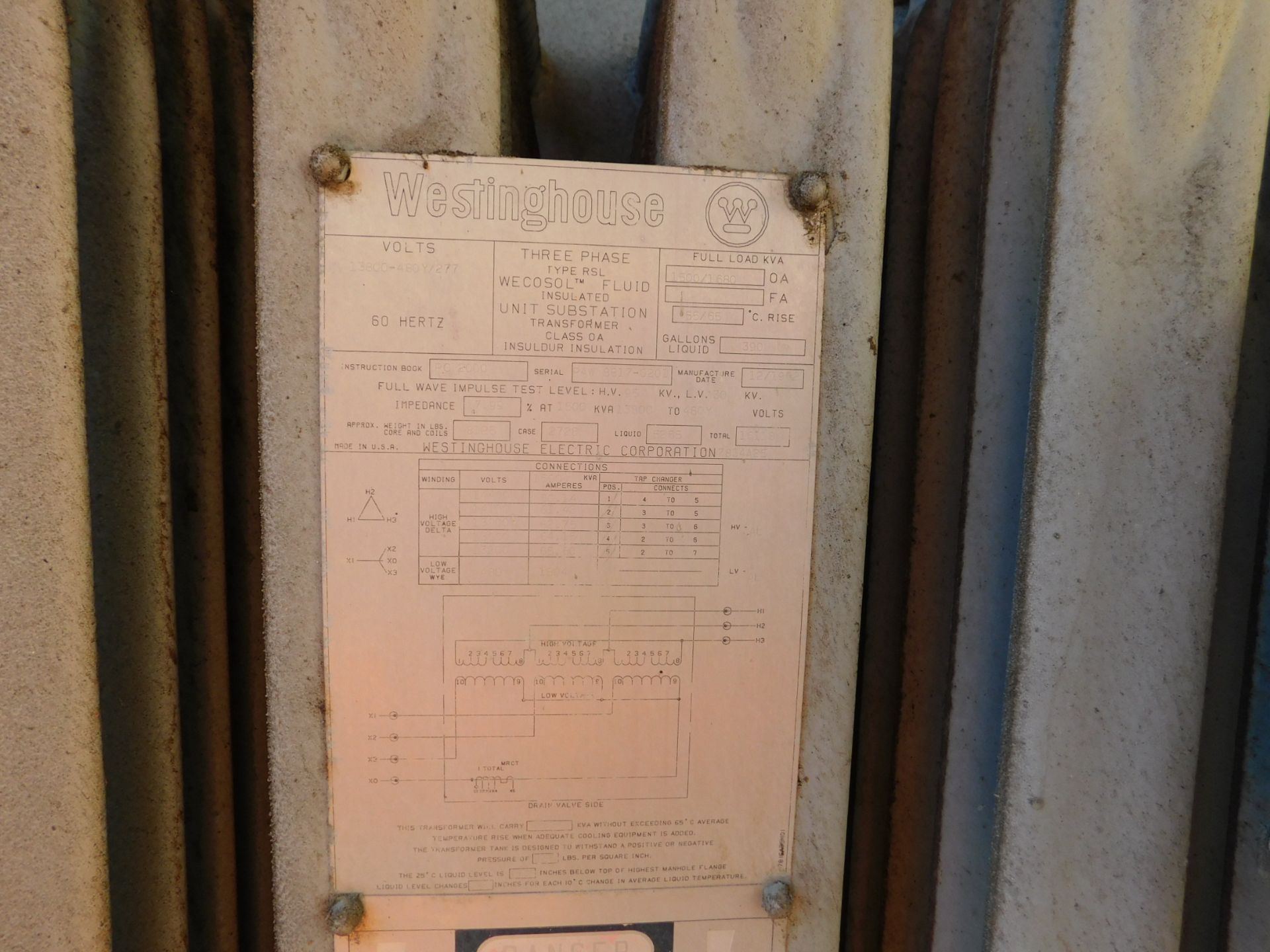 General Electric three phase substation transformer, Wesco fluid, 13800-408Y 1277, 55-65° C rise, - Image 3 of 3