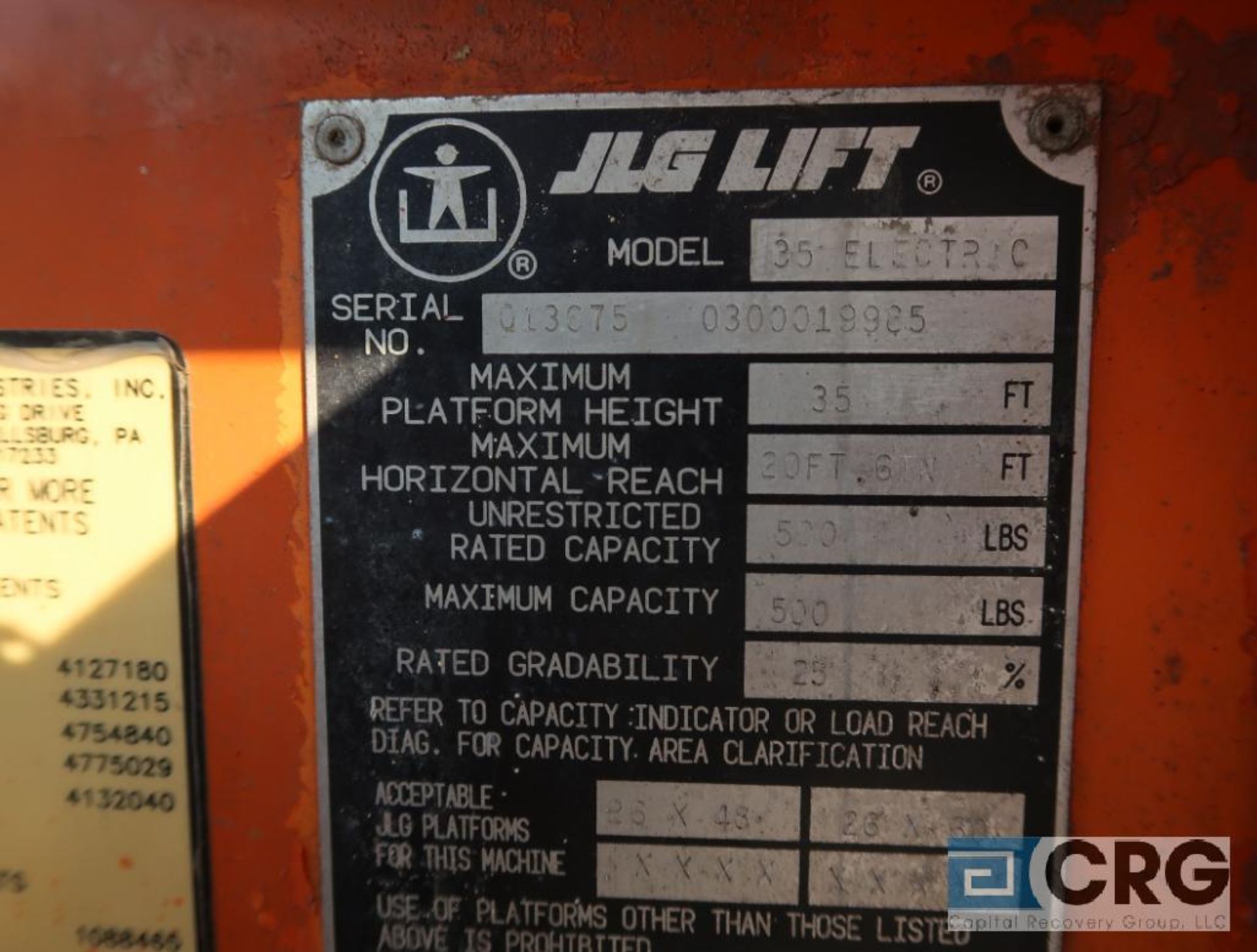 1994 JLG 35 Electric manlift, 500 lb. cap., platform height 35 ft., hort. length 20 ft., 48 volt, - Image 3 of 5