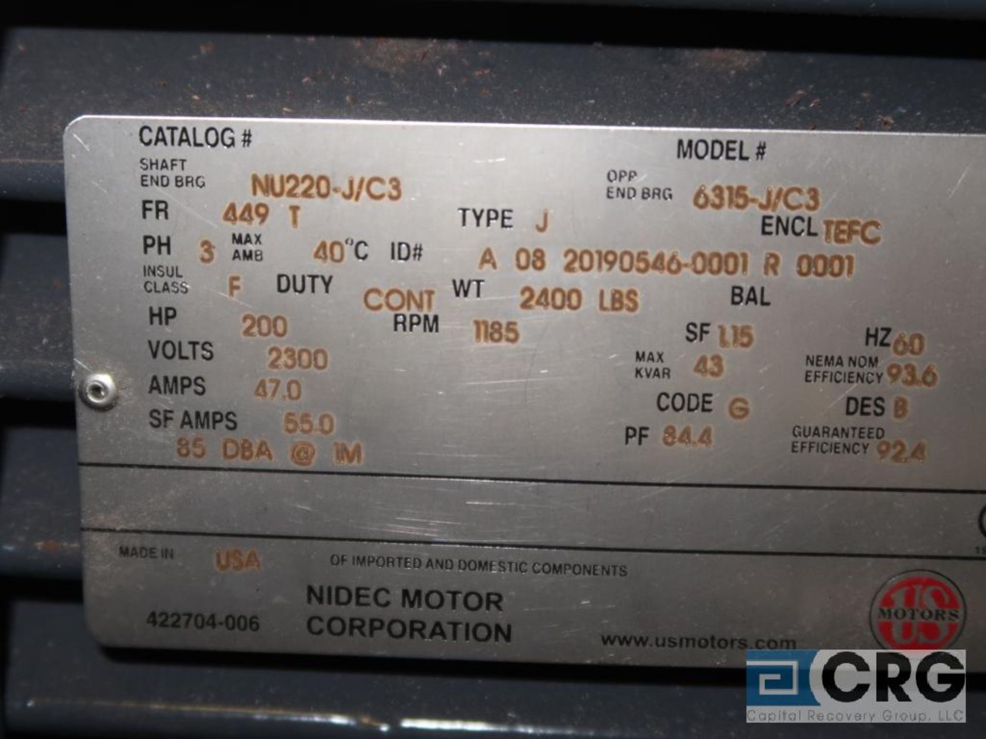 U.S. Motor 200 HP motor, 460V, 3 Ph., 1185 RPM, Frame 449T (Loading Area) - Image 2 of 2