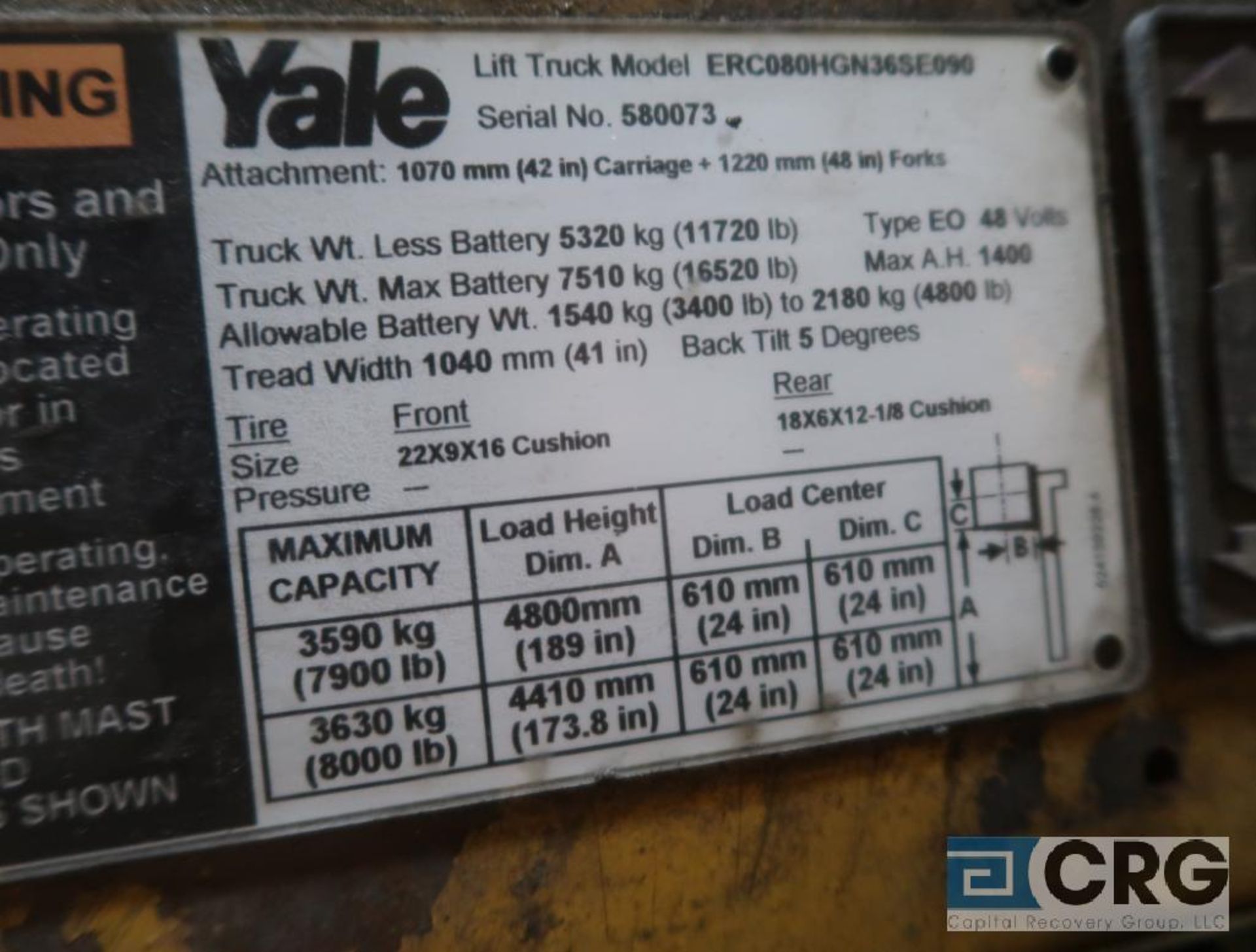 Yale 8000 lb capacity electric forklift, model ERC080HGN36SE090, 48 volt, mast height 173.8 in., 1, - Image 3 of 4